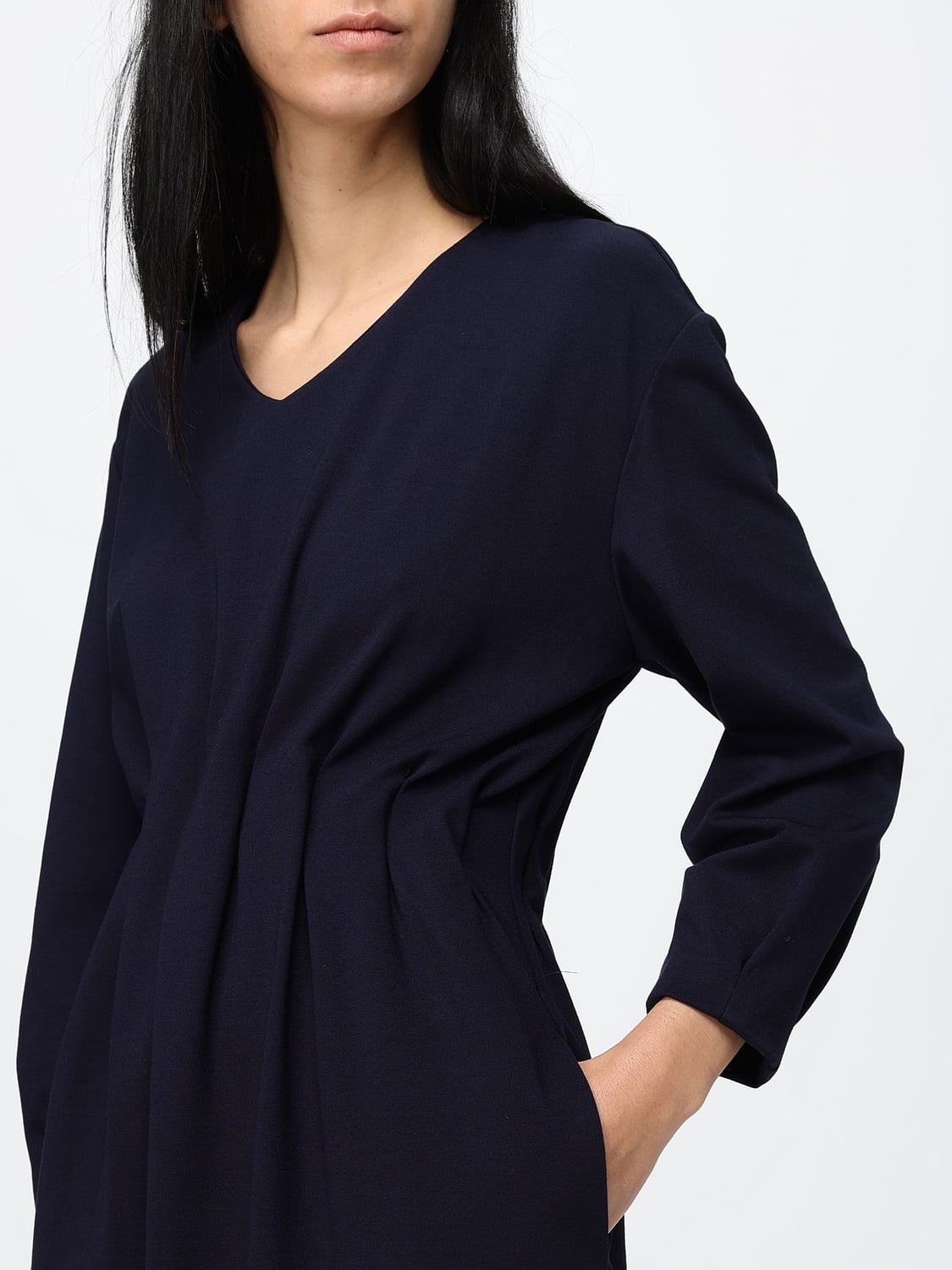 MEIMEIJ ROBE: Tunique midi Meimeij en mélange de viscose à col en V et fermeture dissimulée, Bleu - Img 3