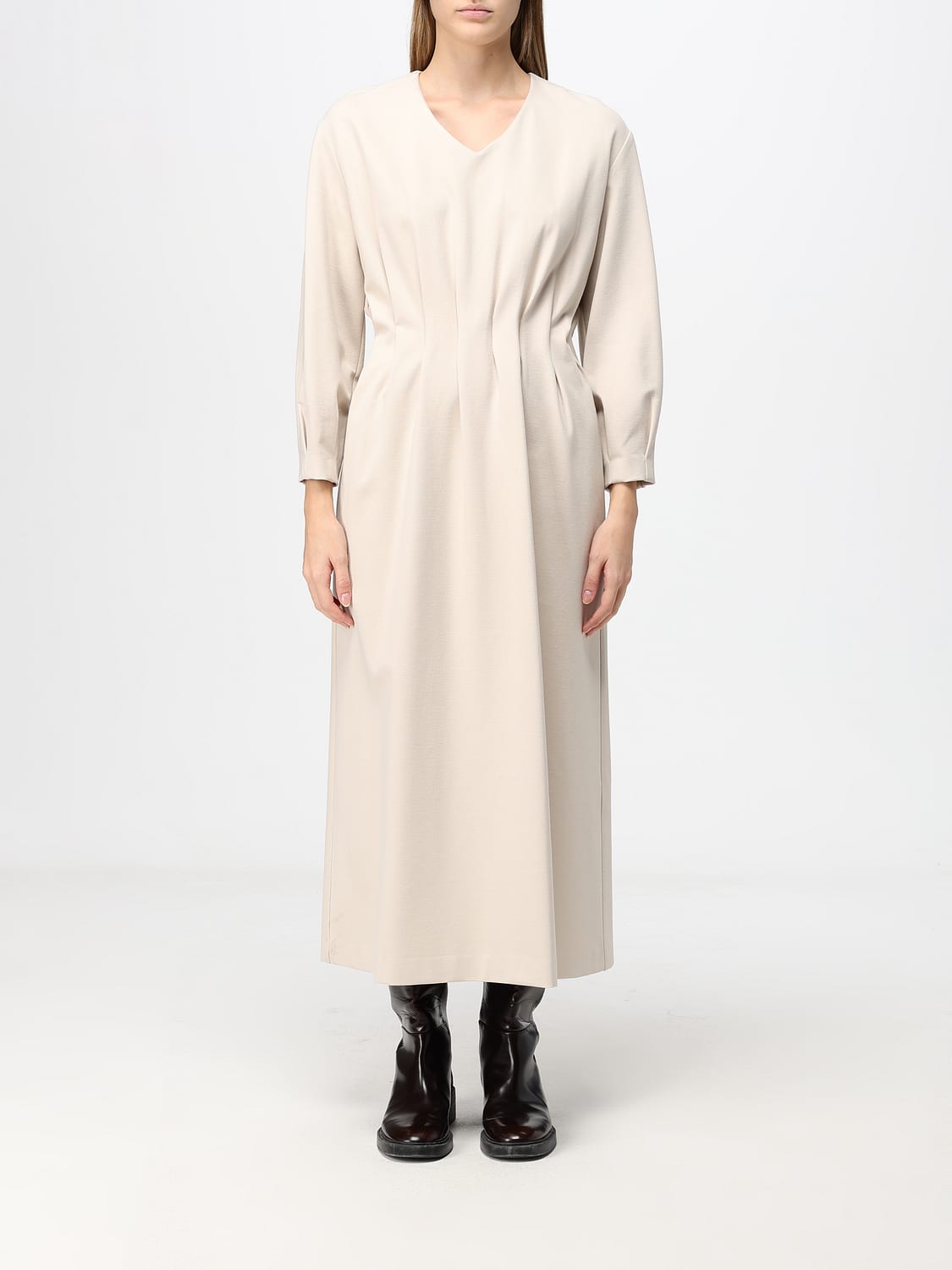 MEIMEIJ VESTIDO: Túnica midi Meimeij de mezcla de viscosa con escote de pico y cierre oculto, Natural - Img 1