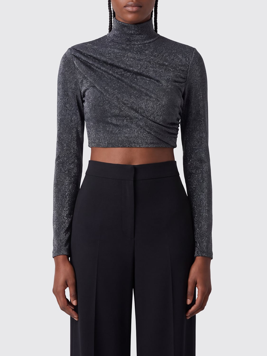 GUCCI TOP: Top court Gucci à manches longues et col roulé en lurex, Argent - Img 1