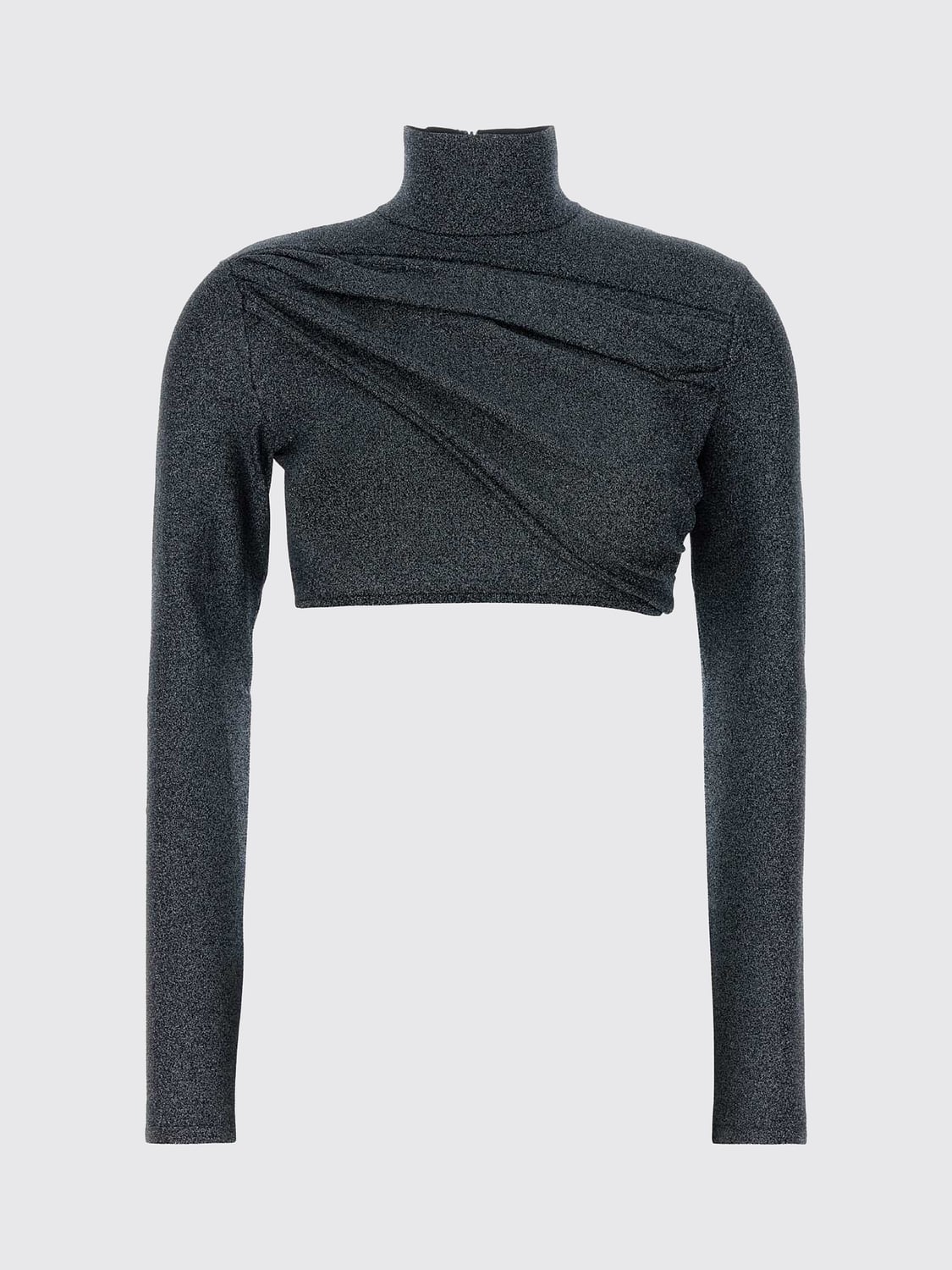 GUCCI TOP: Top court Gucci à manches longues et col roulé en lurex, Argent - Img 2