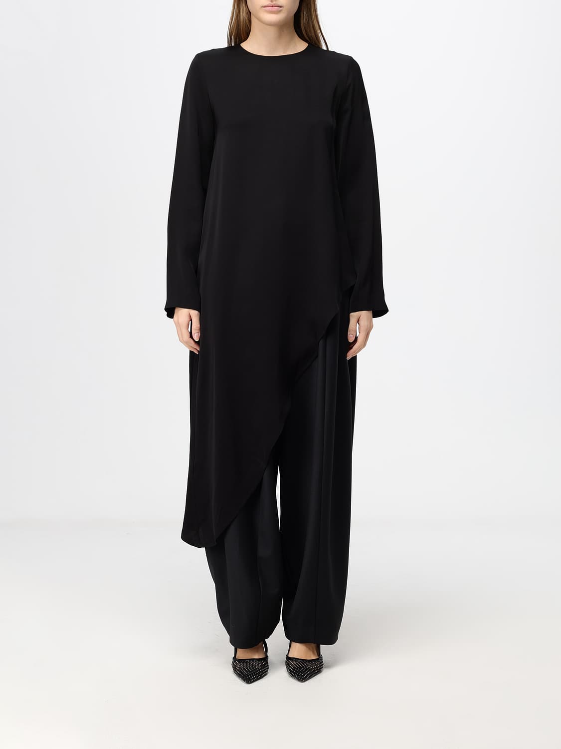 MEIMEIJ TOP: Blusa asimmetrica Meimeij in rayon con maniche lunghe e scollo rotondo, Nero - Img 1