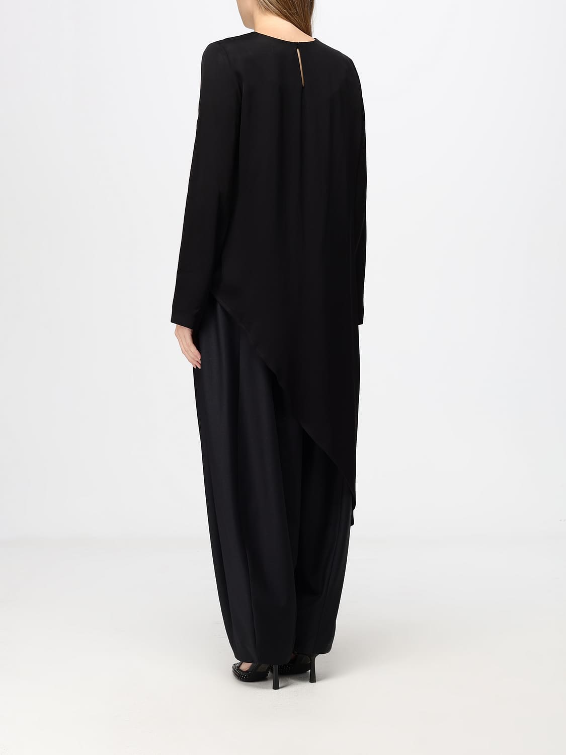 MEIMEIJ TOP: Blusa asimmetrica Meimeij in rayon con maniche lunghe e scollo rotondo, Nero - Img 2