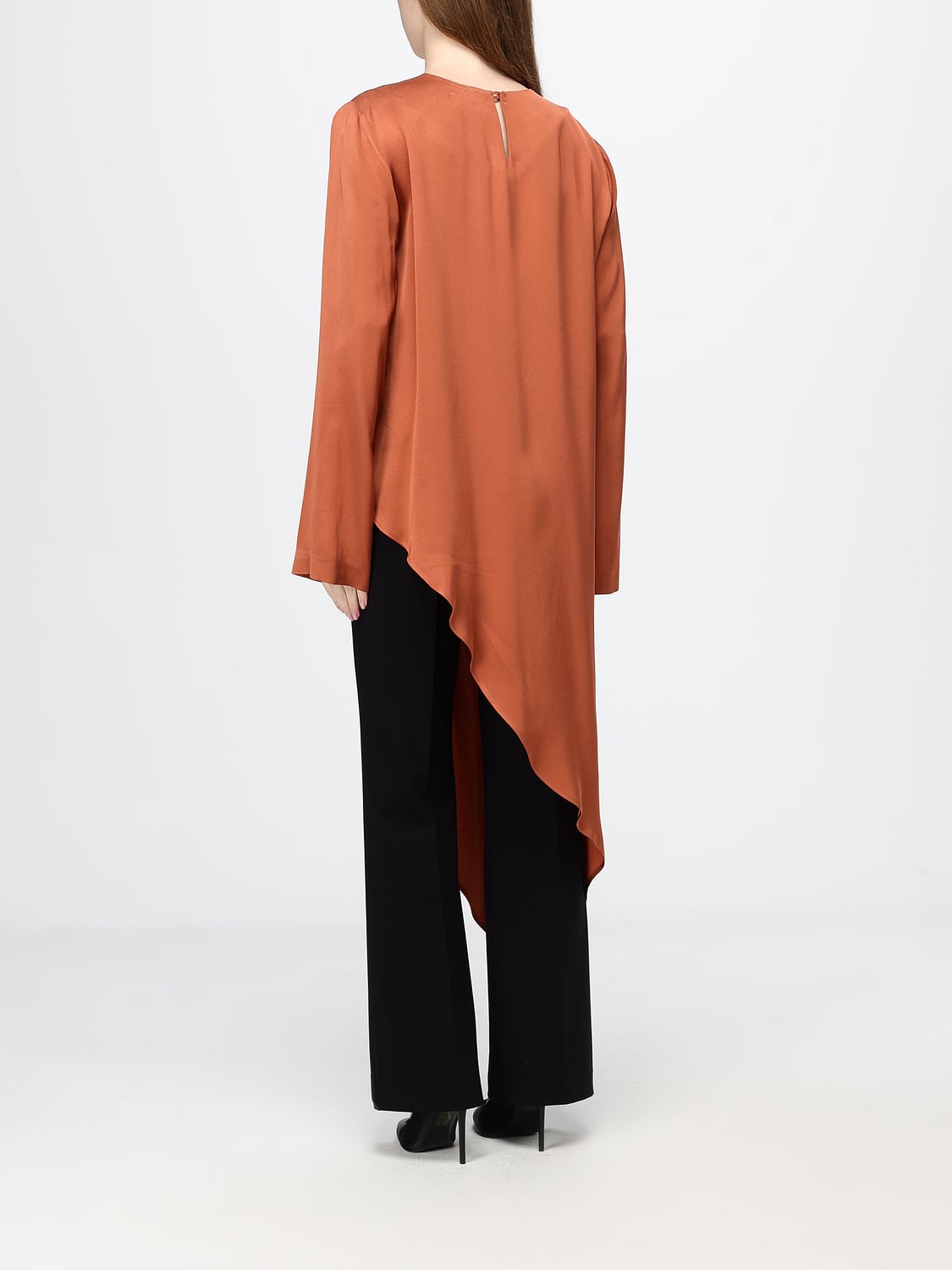 MEIMEIJ TOP: Blusa asimétrica Meimeij de rayón con manga larga y cuello redondo, Naranja - Img 2