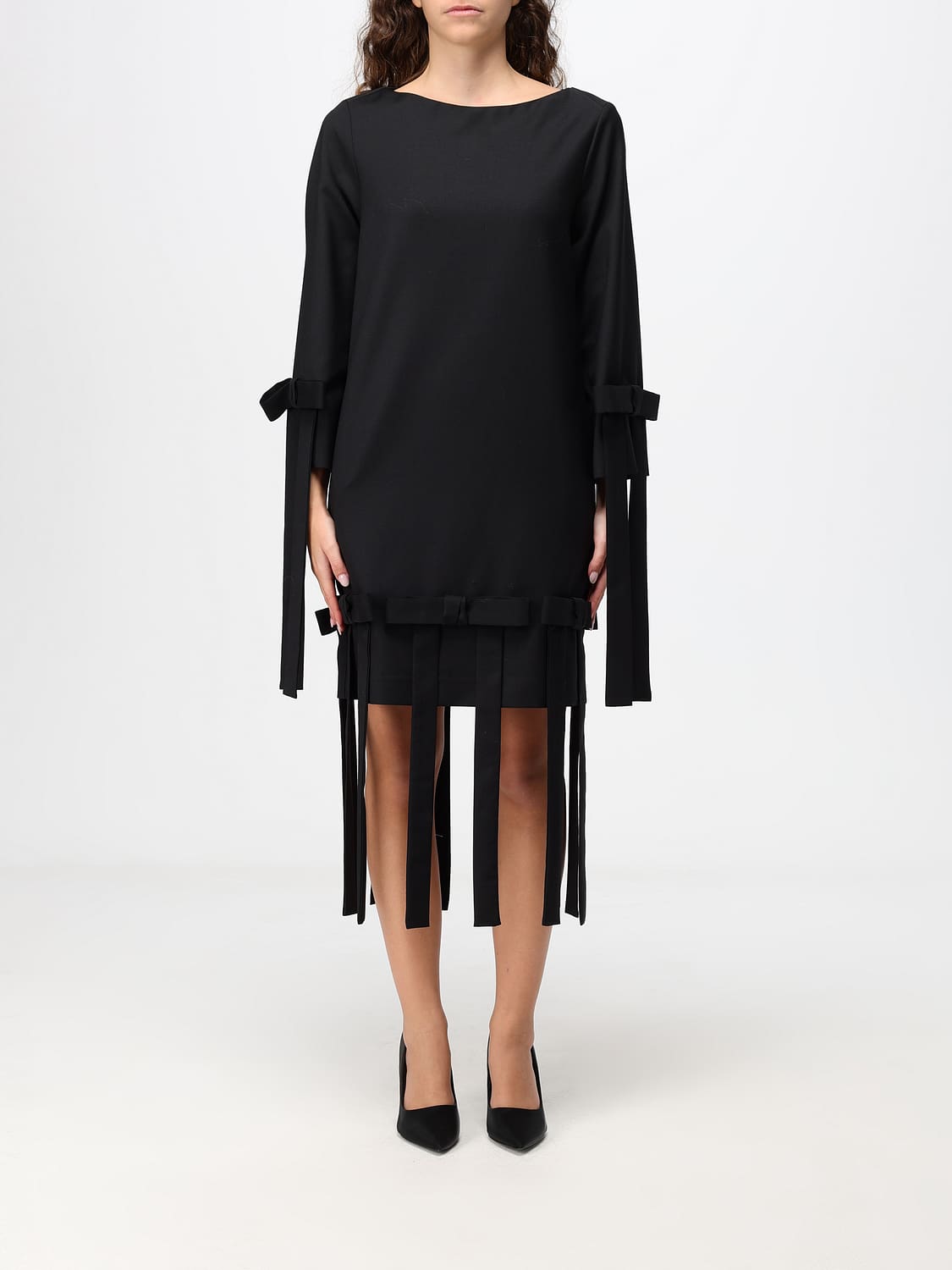 MEIMEIJ VESTIDO: Minivestido tubo Meimeij de mezcla de lana con flecos y lazo, Negro - Img 1