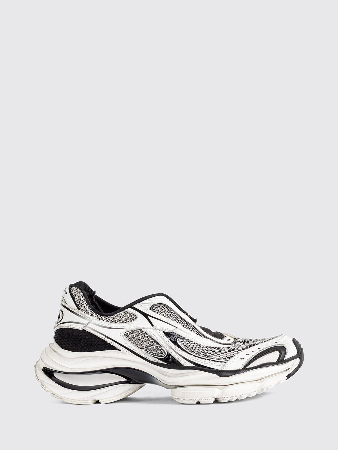 BALENCIAGA SNEAKERS: Balenciaga Distressed-Effect Mesh Slip-On Sneakers with Embroidered Logo, White - Img 1