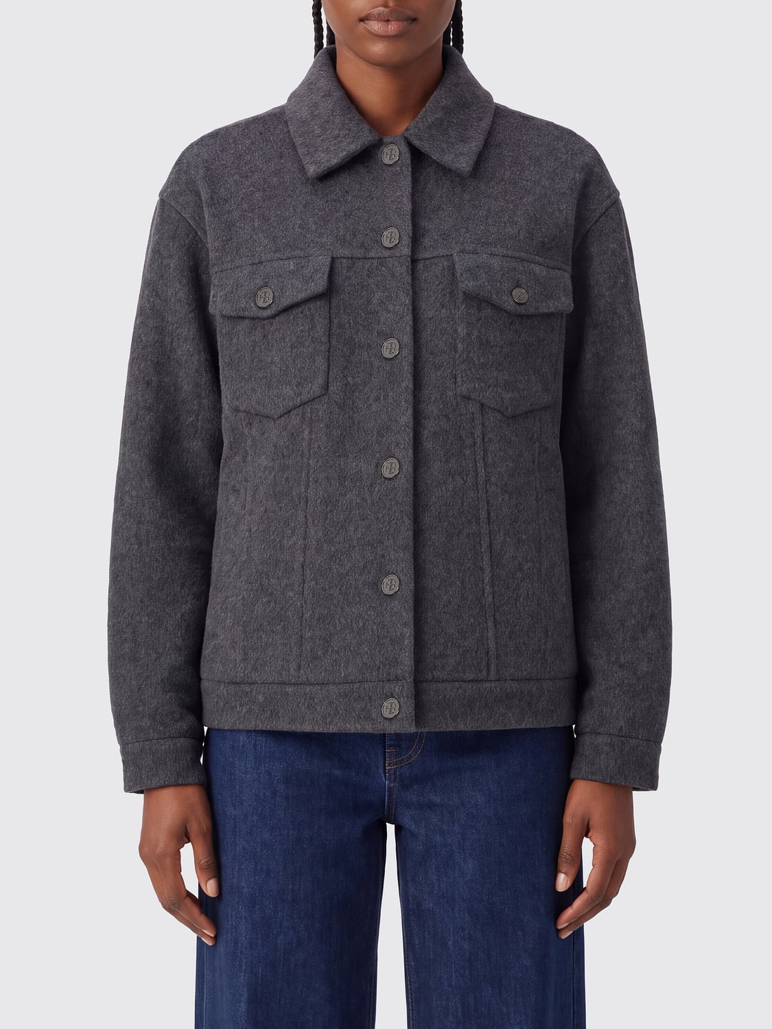 ANINE BING JACKE: Hemdjacke Anine Bing aus grauer Wolle mit aufgesetzten Taschen, Grau - Img 1