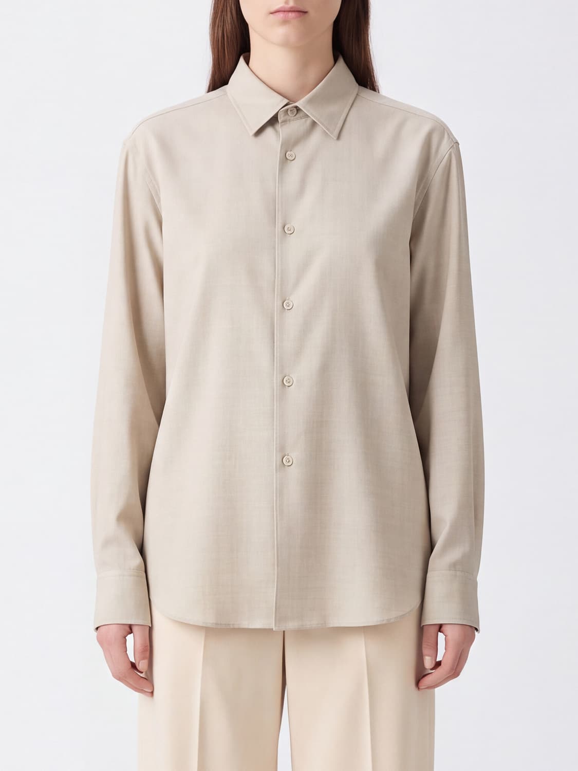 AURALEE CAMISA: Camisa de manga larga Auralee de lana a rayas con cuello clásico, Beige - Img 1