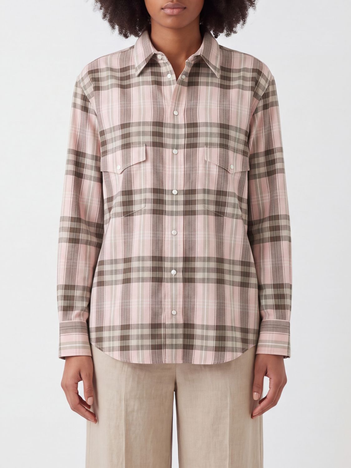AURALEE CAMISA: Camisa Auralee de cuadros en mezcla de algodón y seda con bolsillos de parche, Rosa - Img 1
