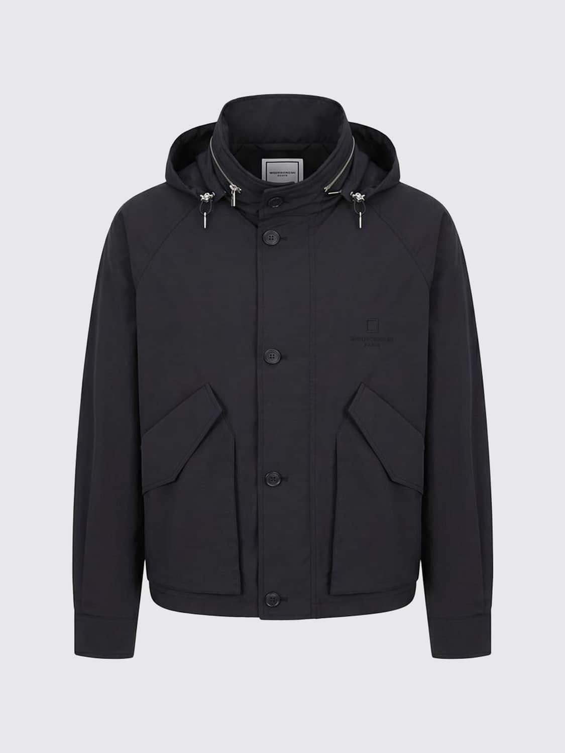 WOOYOUNGMI JACKET: Hooded Windbreaker Jacket Wooyoungmi with a High Neck and Button Closure, Black - Img 2