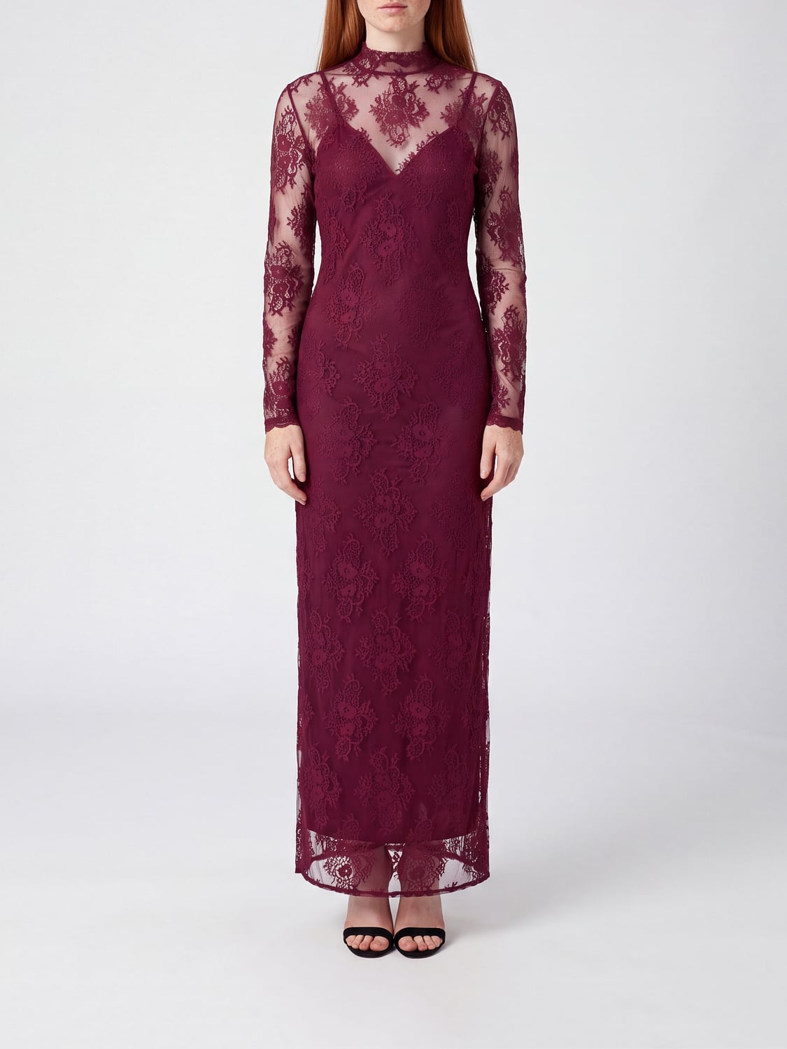 ANIYE BY ABITO: Abito da sera lungo Aniye by in pizzo con collo alto e maniche lunghe, Rosso - Img 1