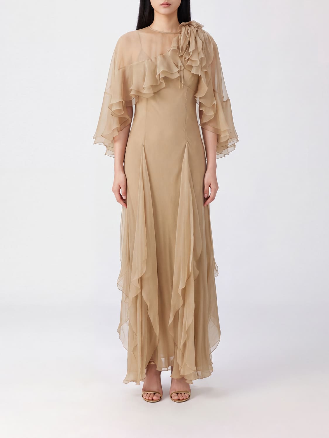 ALBERTA FERRETTI VESTIDO: Vestido de noche Alberta Ferretti sin mangas de seda bordada con volantes, Beige - Img 1