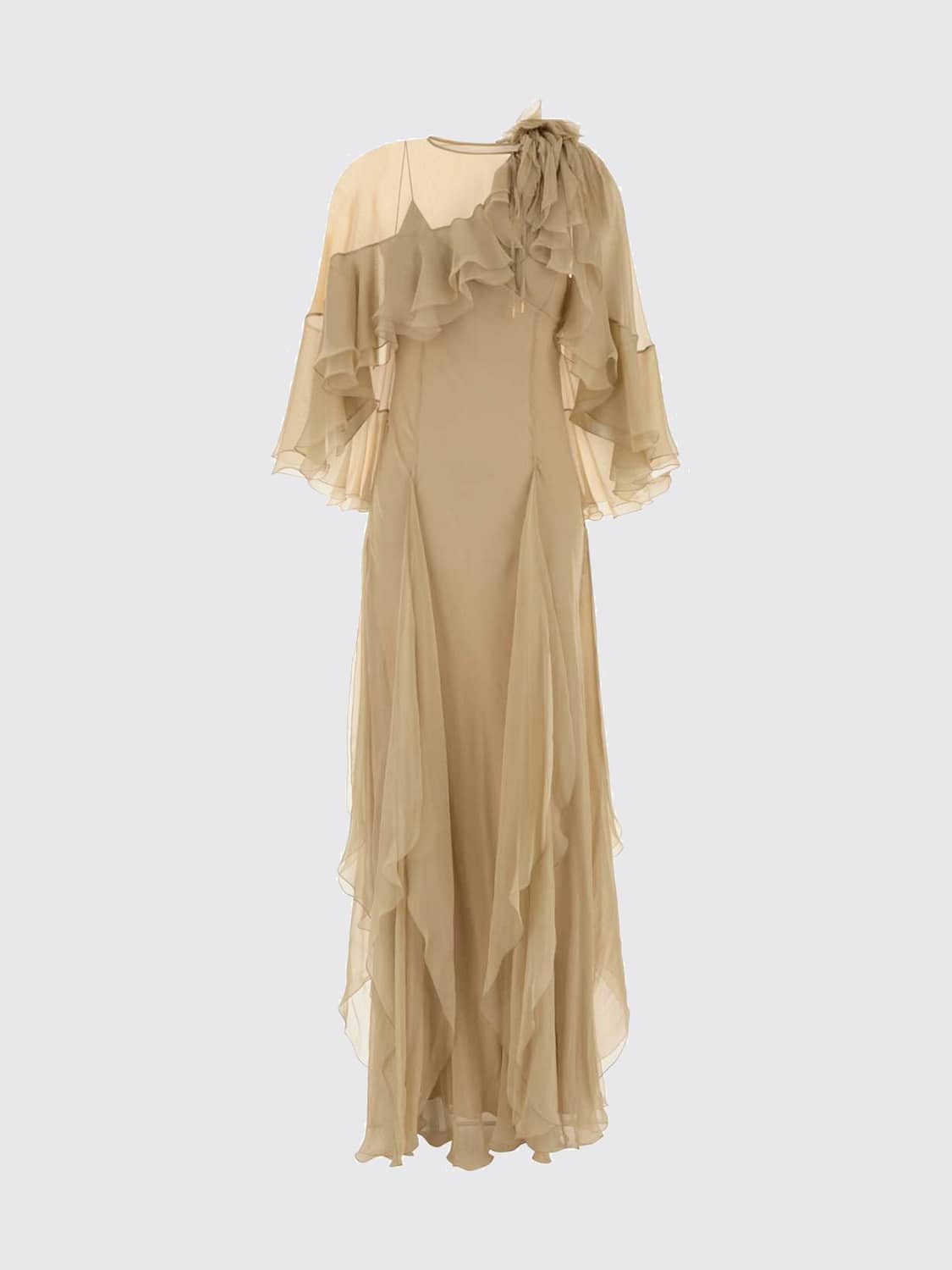 ALBERTA FERRETTI VESTIDO: Vestido de noche Alberta Ferretti sin mangas de seda bordada con volantes, Beige - Img 2