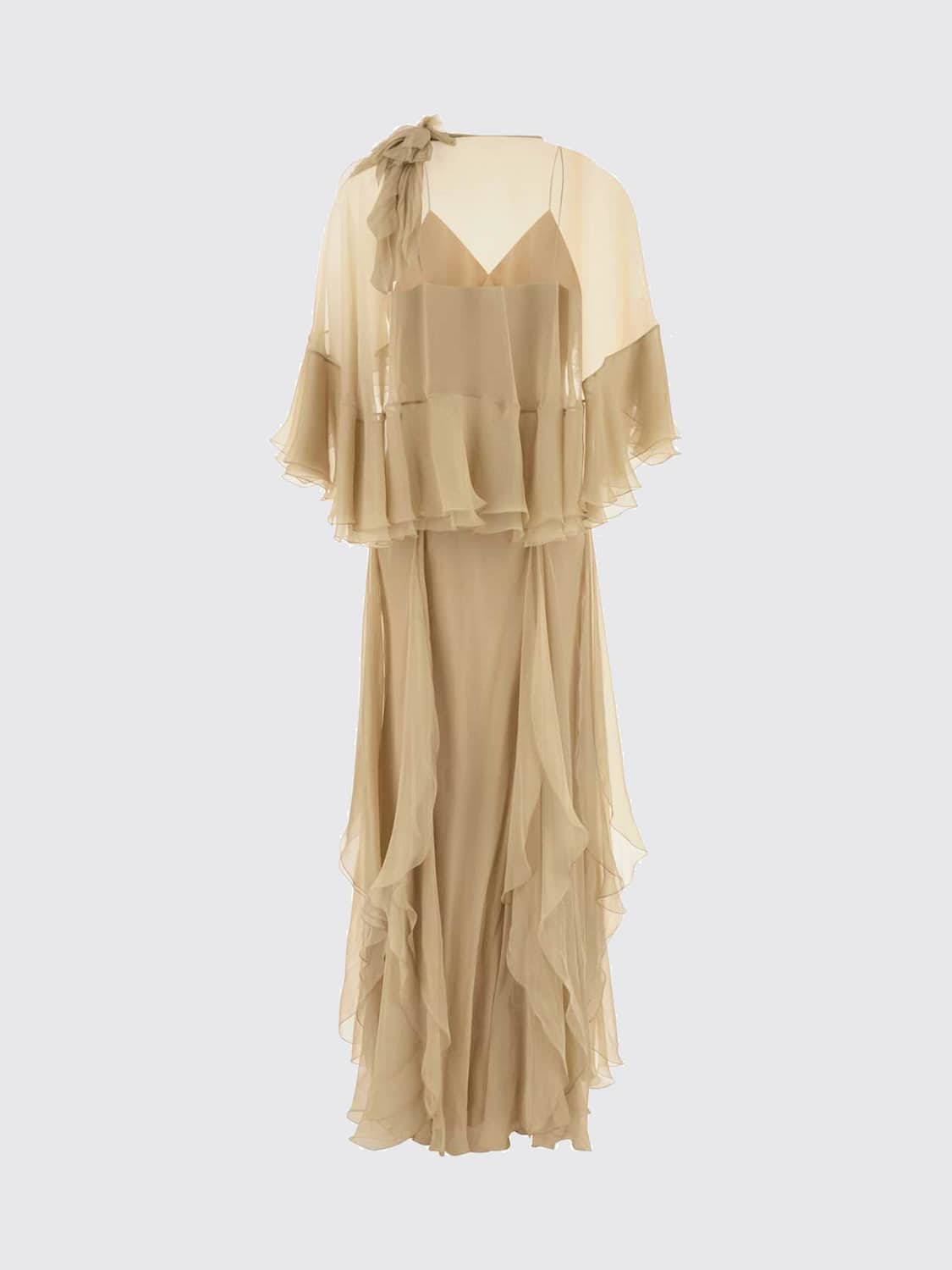 ALBERTA FERRETTI VESTIDO: Vestido de noche Alberta Ferretti sin mangas de seda bordada con volantes, Beige - Img 3