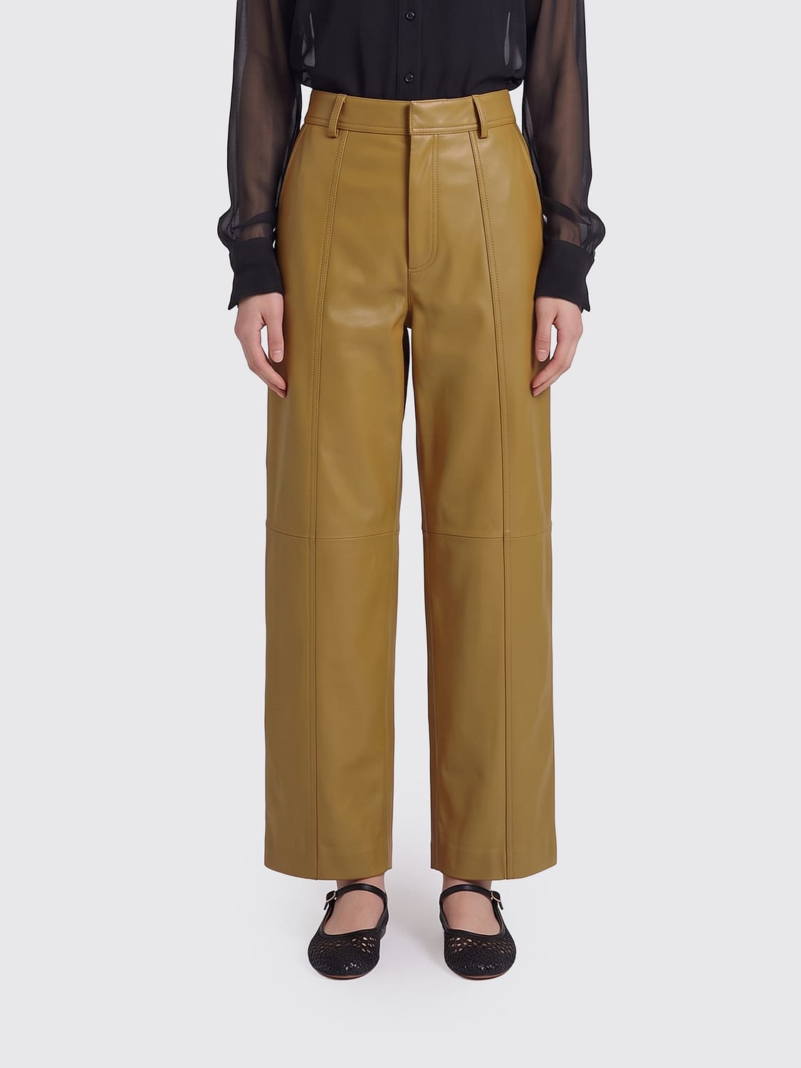 ALBERTA FERRETTI PANTALONES: Pantalón recto Alberta Ferretti de talle alto en piel de ternera lisa, Verde - Img 1