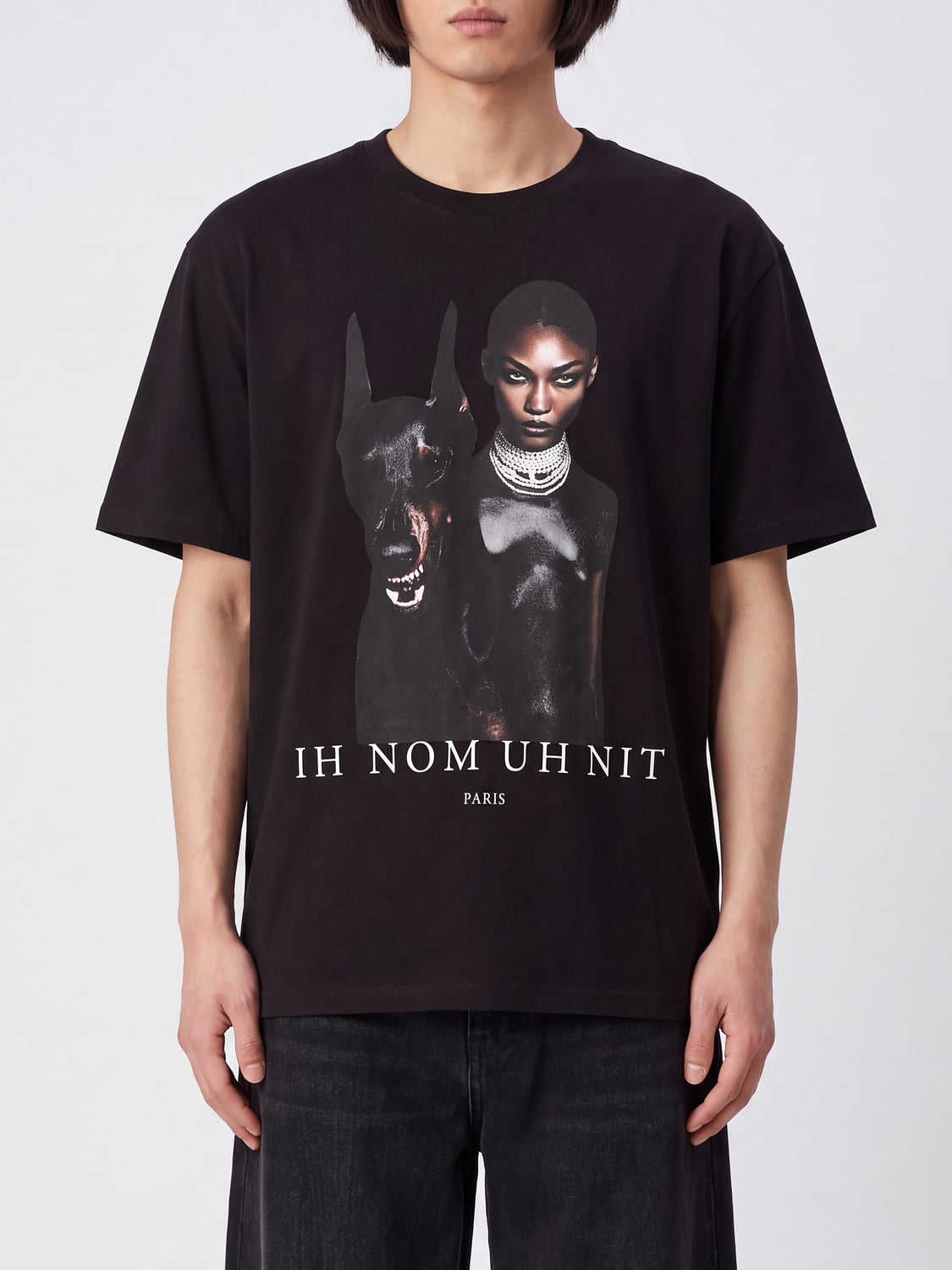 IH NOM UH NIT T-SHIRT: Graphic Print Cotton Crewneck T-Shirt Ih Nom Uh Nit with Contrast Logo, Black - Img 1