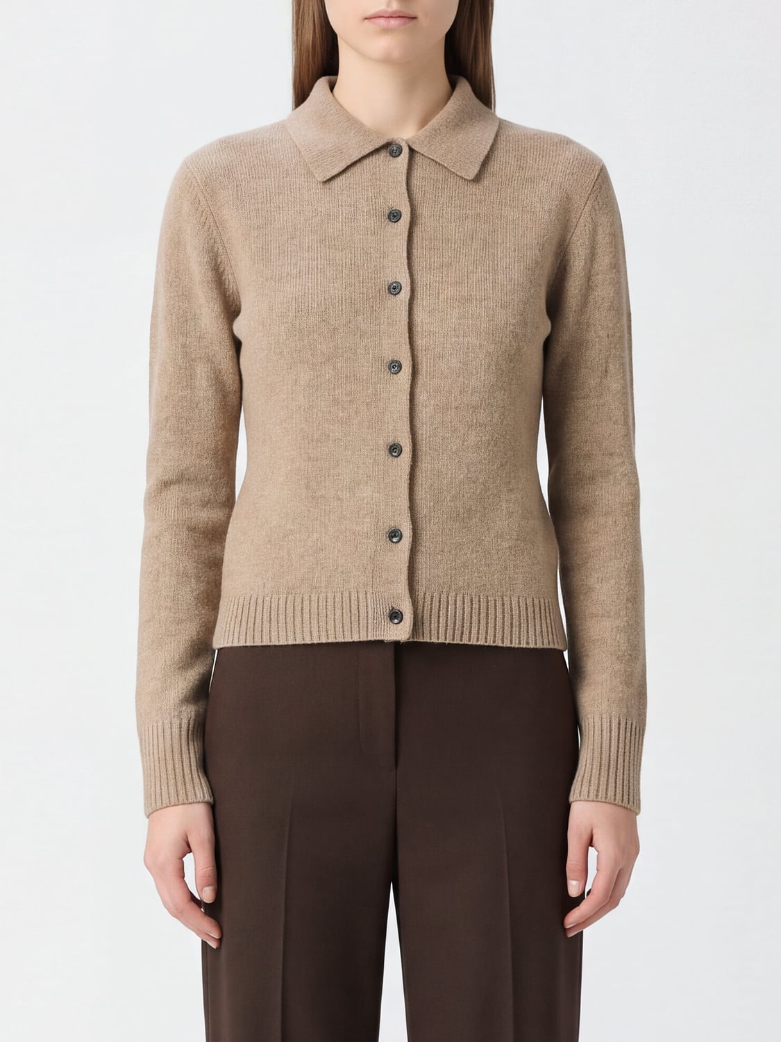 MAX MARA PULL: Cardigan esprit polo Max Mara en cachemire mélangé à bords côtelés, Chameau - Img 1