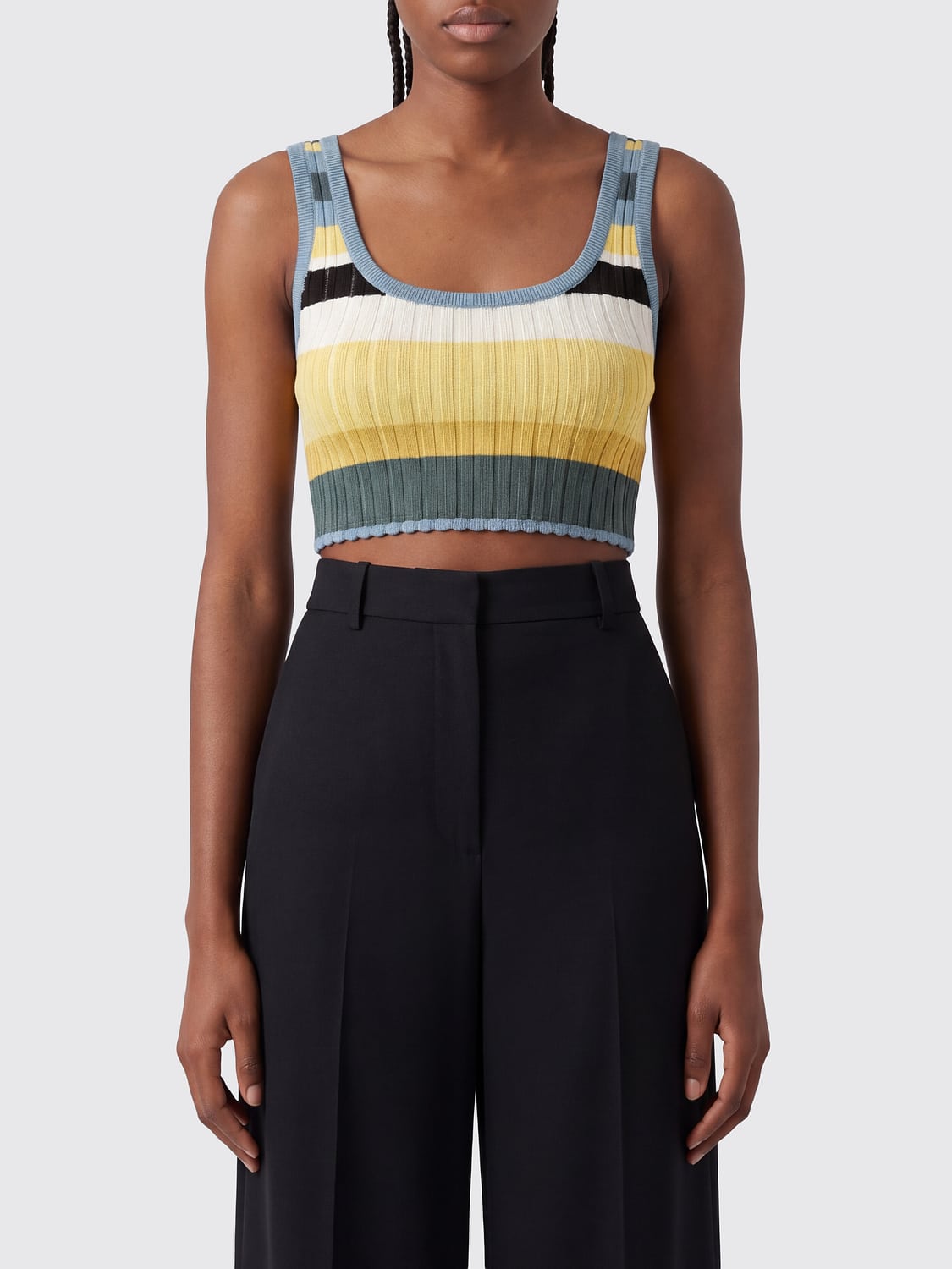 ALAÏA TOP: Gestreiftes Cropped-Top von Alaïa aus Viskose-Strick mit eckigem Ausschnitt, Bunt - Img 1