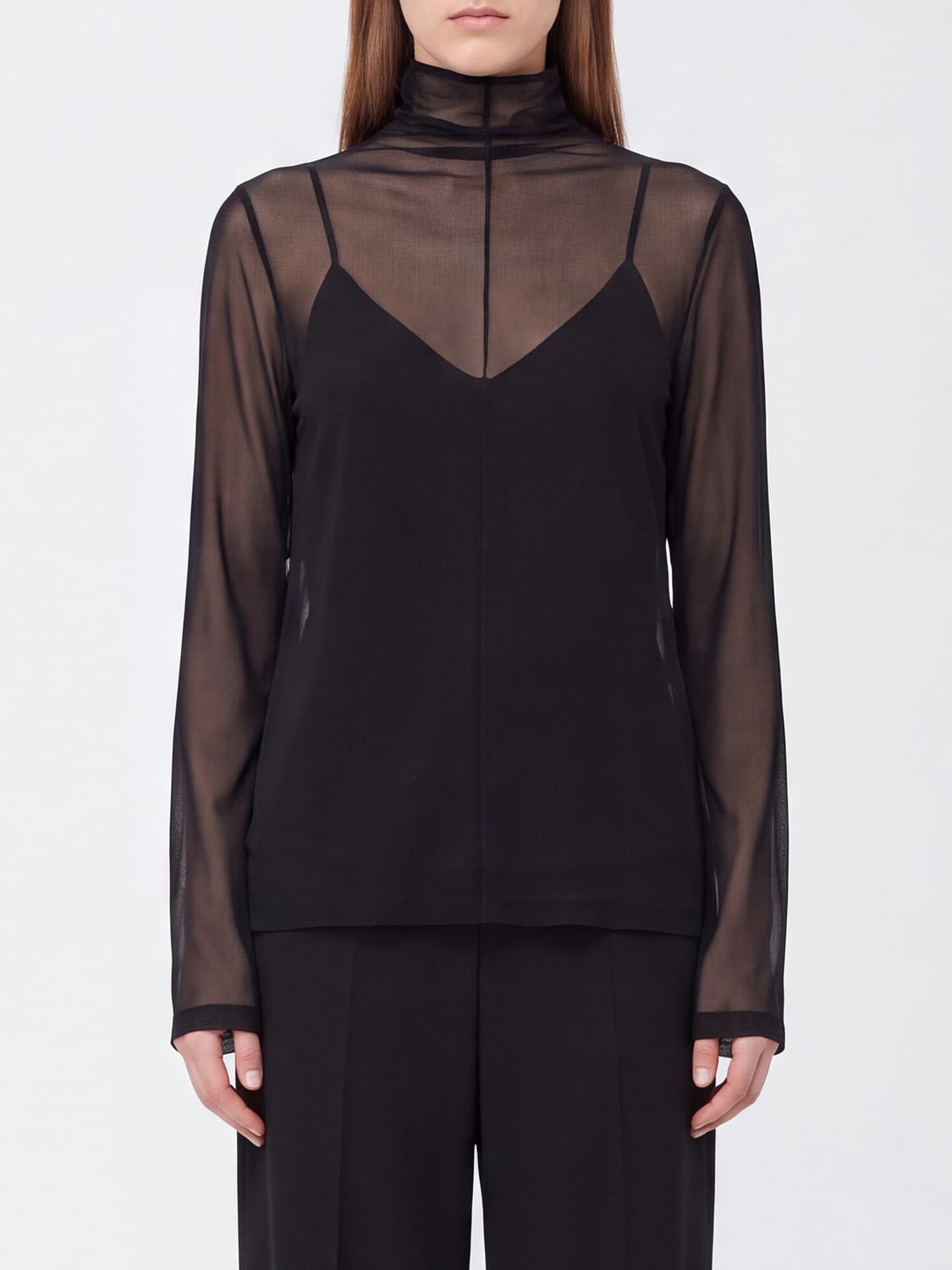 SPORTMAX TOP: Top de cuello alto Sportmax de seda transparente con manga larga, Negro - Img 1