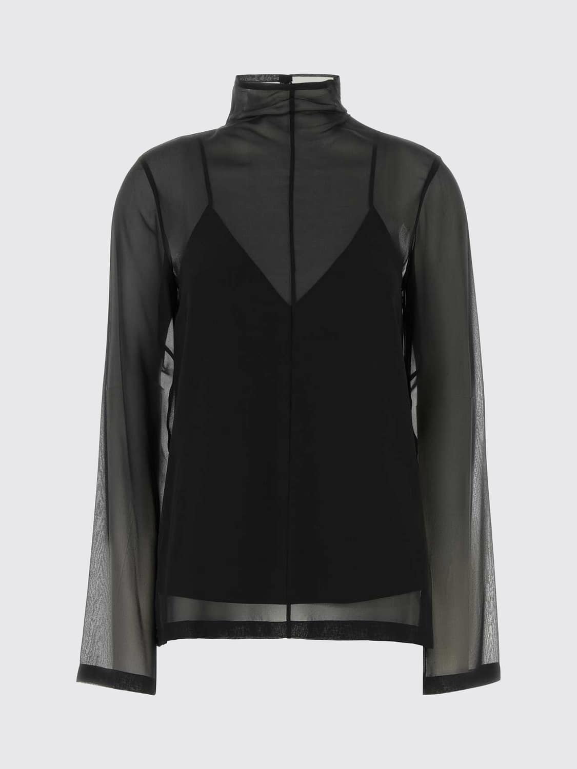 SPORTMAX TOP: Top de cuello alto Sportmax de seda transparente con manga larga, Negro - Img 2
