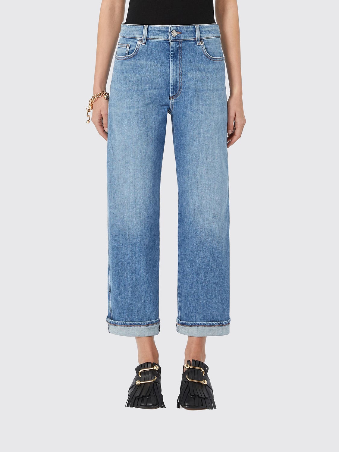 SPORTMAX VAQUEROS: Vaqueros rectos cropped Sportmax de talle medio en denim de algodón con vuelta, Azul Oscuro - Img 1