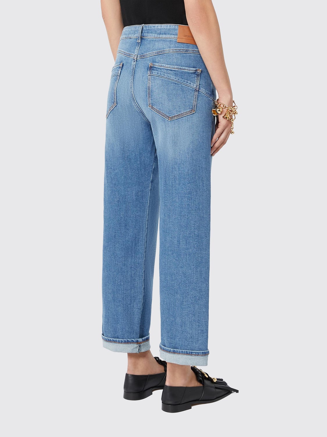 SPORTMAX VAQUEROS: Vaqueros rectos cropped Sportmax de talle medio en denim de algodón con vuelta, Azul Oscuro - Img 2