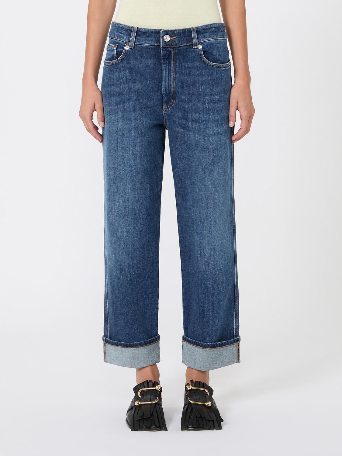 SPORTMAX VAQUEROS: Vaqueros rectos cropped Sportmax de talle medio en denim de algodón con vuelta, Azul Oscuro 1 - Img 1