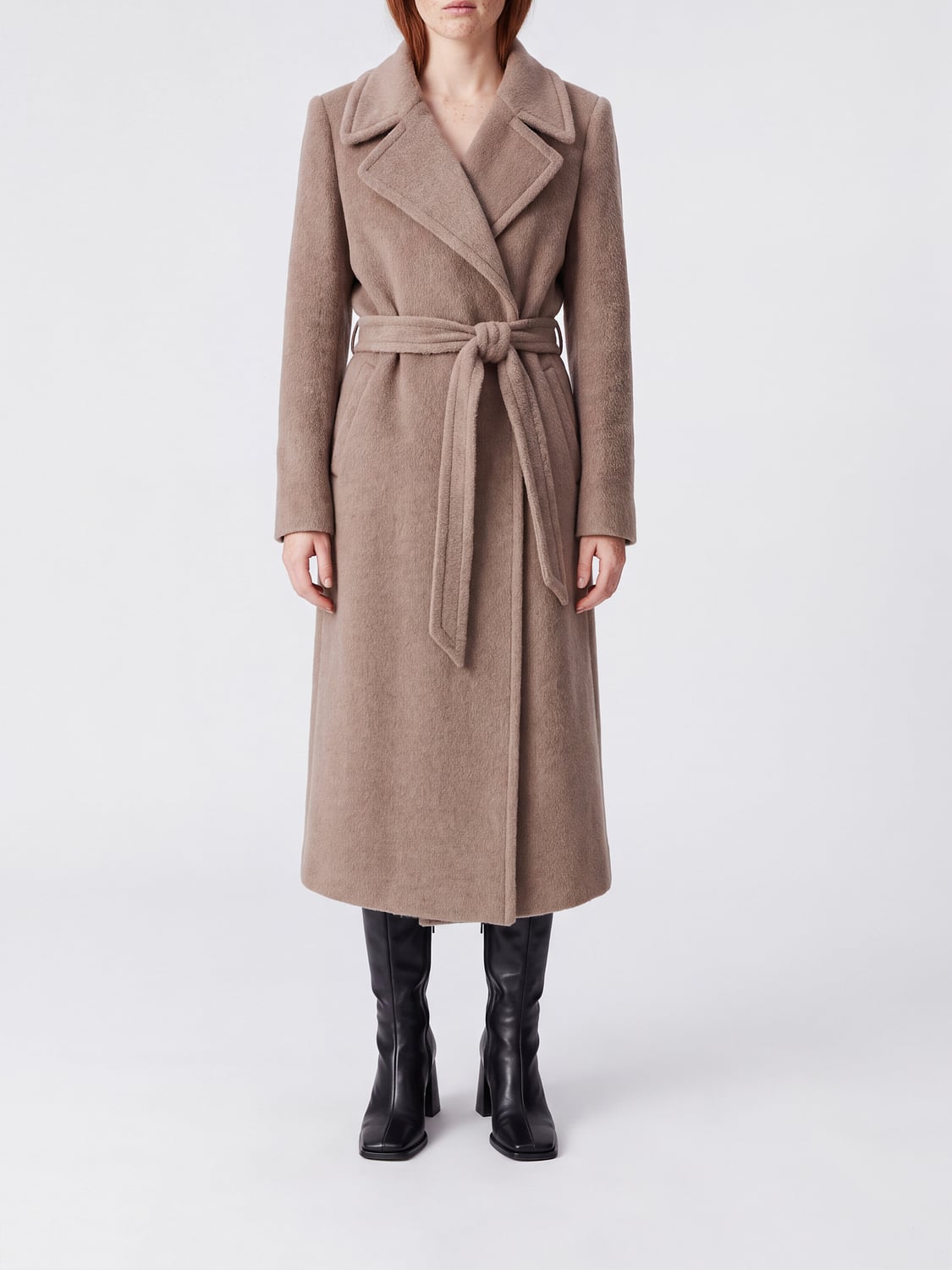 TAGLIATORE COAT: Long Belted Tagliatore Robe Coat in Alpaca and Virgin Wool, Beige - Img 1