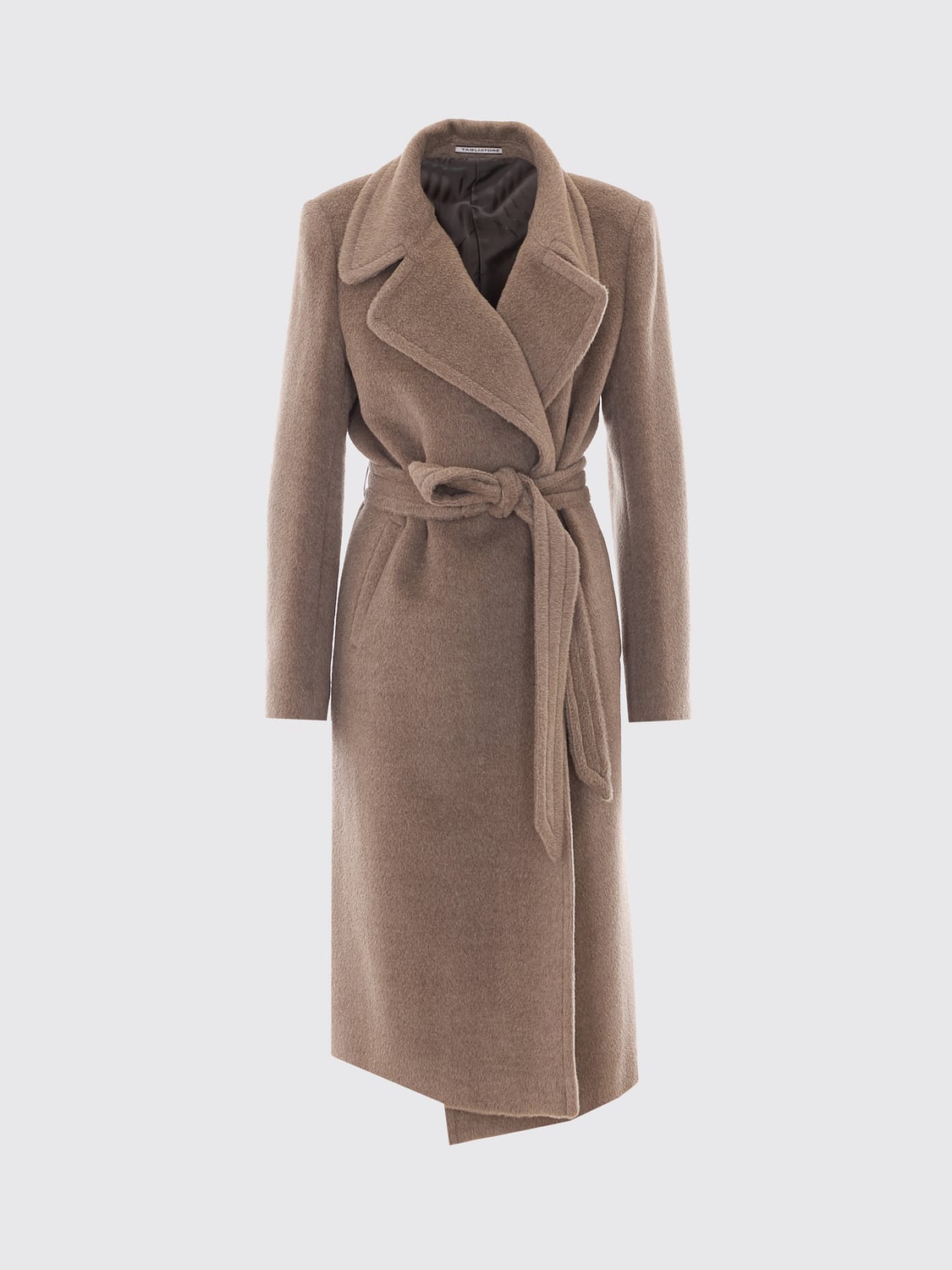 TAGLIATORE COAT: Long Belted Tagliatore Robe Coat in Alpaca and Virgin Wool, Beige - Img 2