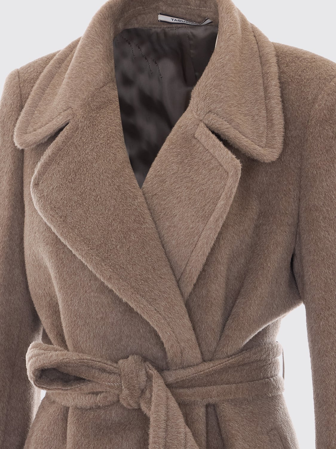 TAGLIATORE COAT: Long Belted Tagliatore Robe Coat in Alpaca and Virgin Wool, Beige - Img 4