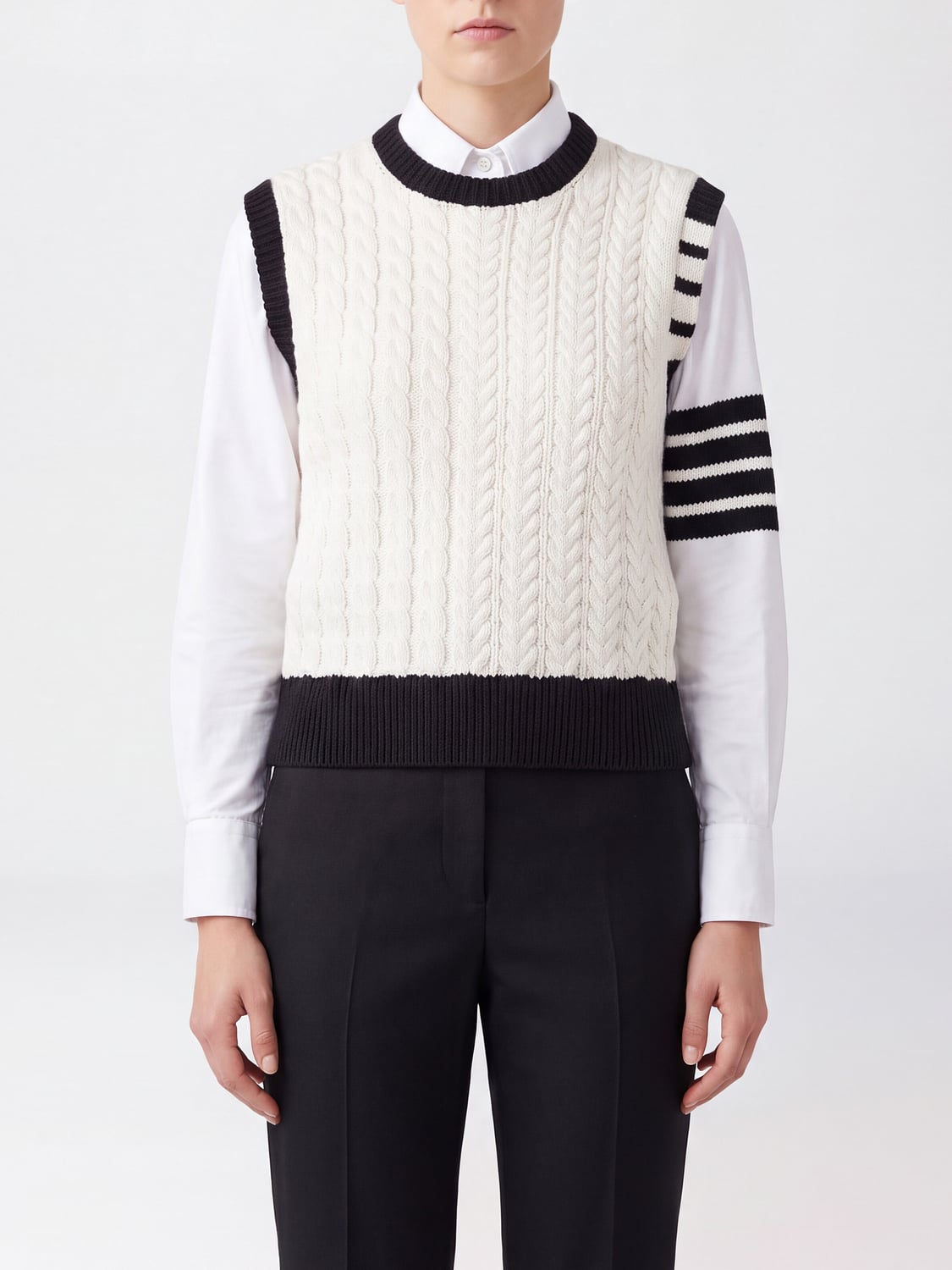 THOM BROWNE WESTE: Rundhals-Weste Thom Browne aus Schurwolle mit 4-Bar-Streifen, Weiß - Img 1