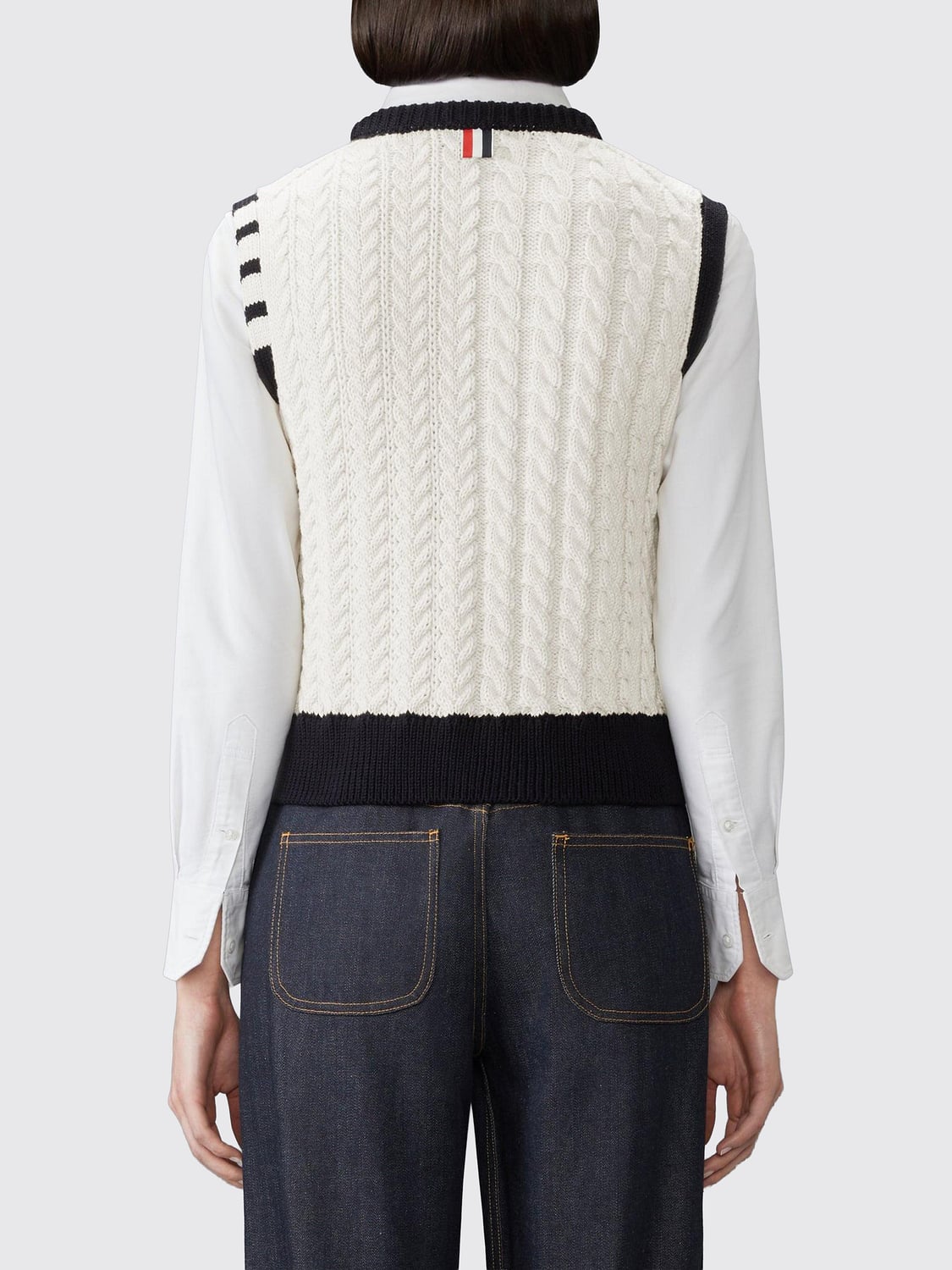 THOM BROWNE WESTE: Rundhals-Weste Thom Browne aus Schurwolle mit 4-Bar-Streifen, Weiß - Img 2