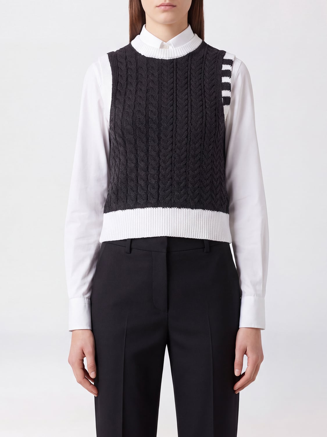 THOM BROWNE CHALECO: Chaleco Thom Browne de cuello redondo en lana virgen con motivo 4-bar, Gris - Img 1