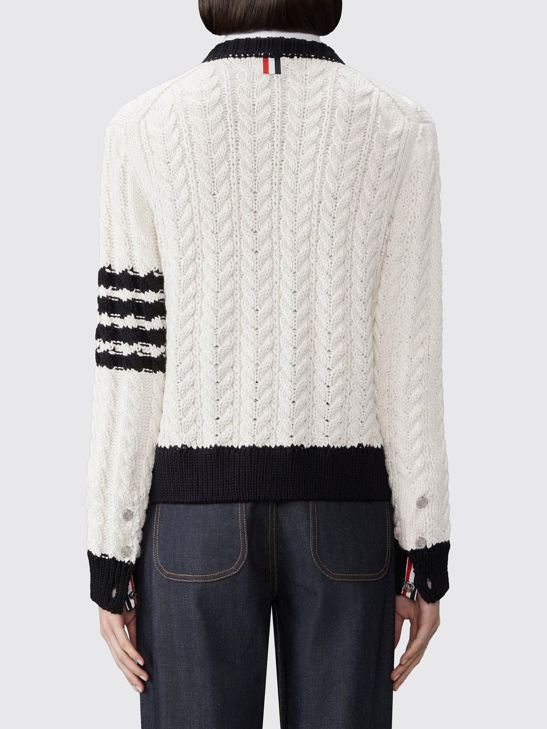 THOM BROWNE JERSEY: Cárdigan Thom Browne de lana virgen con cuello redondo y detalle 4-Bar, Blanco - Img 2