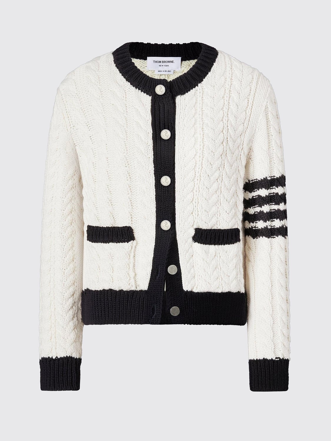 THOM BROWNE JERSEY: Cárdigan Thom Browne de lana virgen con cuello redondo y detalle 4-Bar, Blanco - Img 3