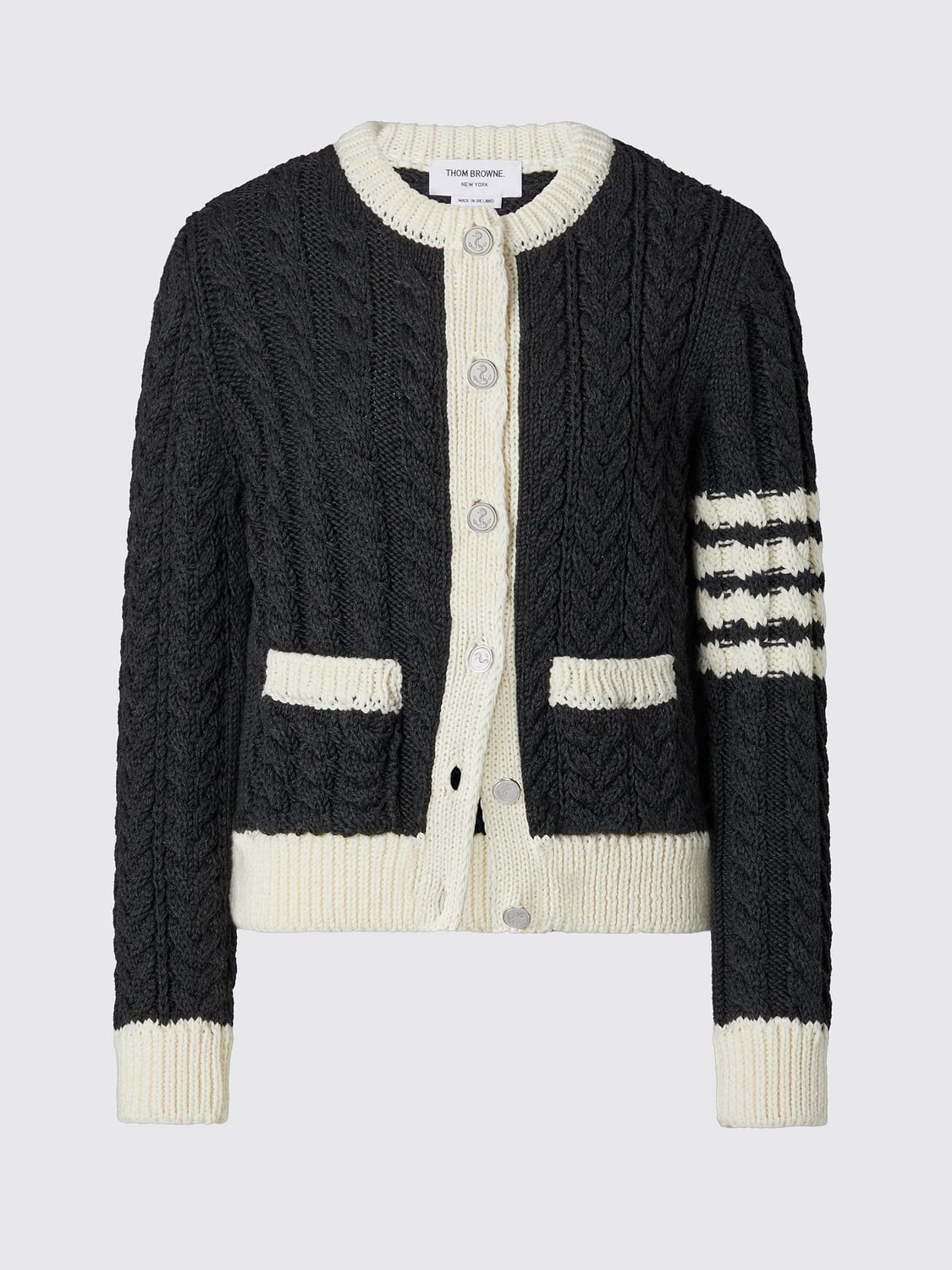 THOM BROWNE JERSEY: Cárdigan Thom Browne de lana virgen con cuello redondo y detalle 4-Bar, Gris - Img 3