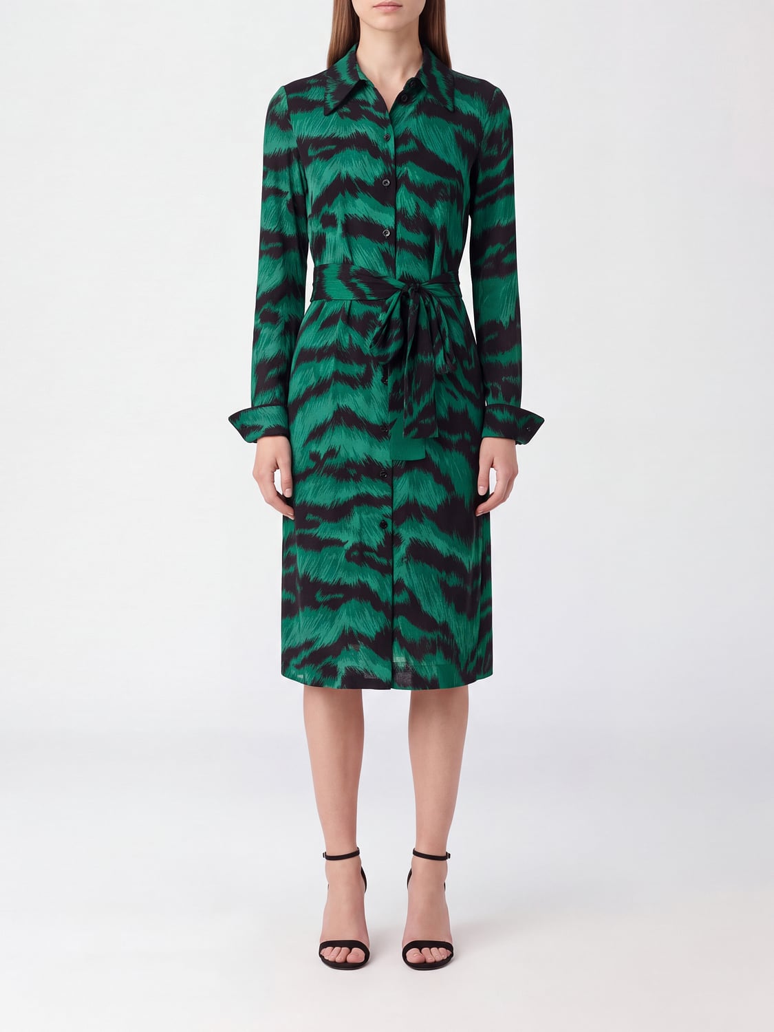 DIANE VON FURSTENBERG VESTIDO: Vestido camisero midi Diane Von Furstenberg de algodón con estampado de cebra, Verde - Img 1