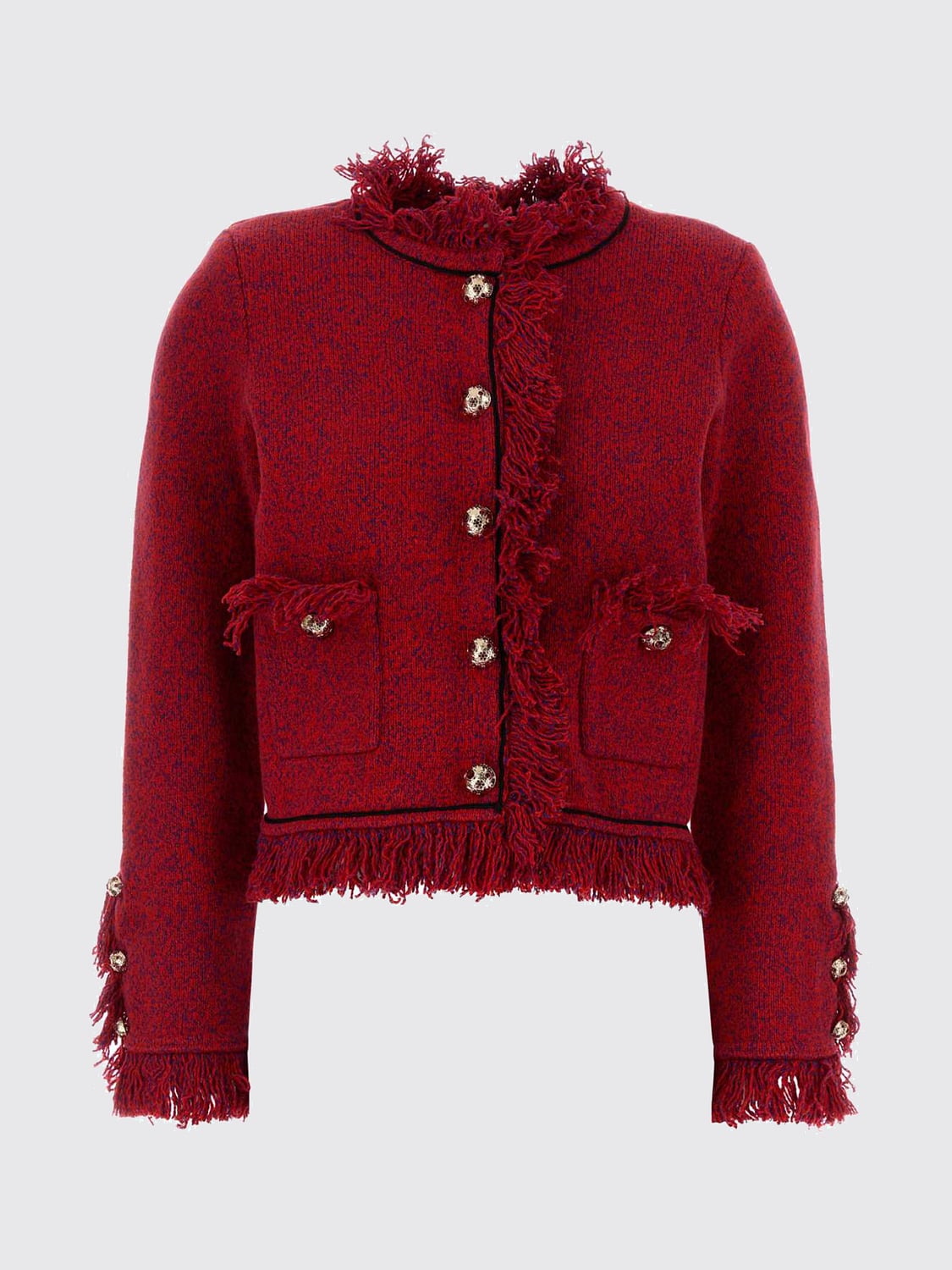 SELF-PORTRAIT GIACCA: Blazer corto Self-Portrait in misto lana e cotone con bordi sfrangiati, Rosso - Img 2