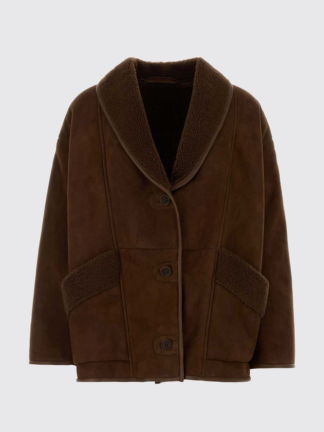 SALVATORE SANTORO PELZMANTEL: Kurze Shearling-Jacke Salvatore Santoro aus Lammleder mit Schalkragen, Braun - Img 2