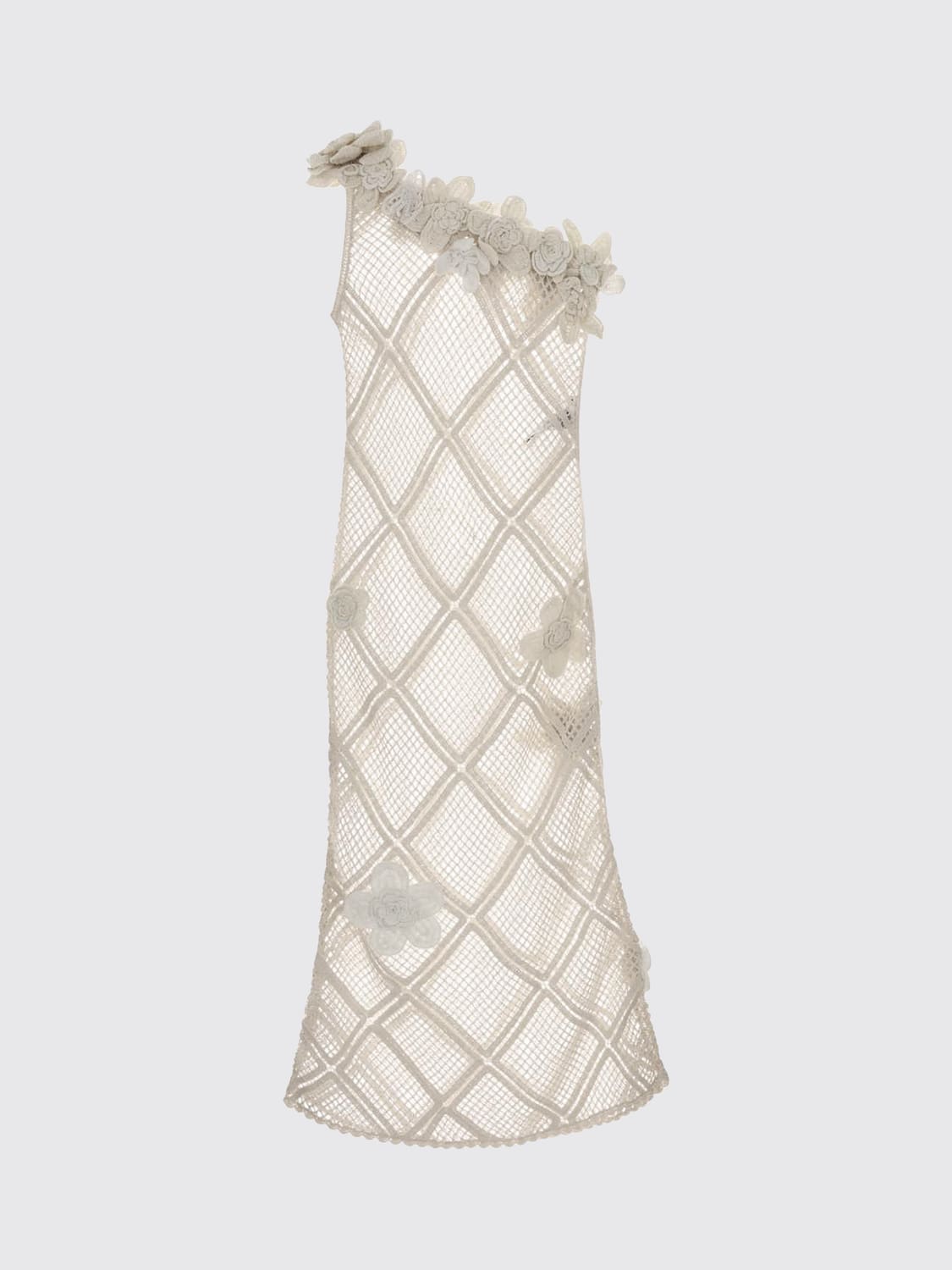 JW ANDERSON VESTIDO: Vestido midi de crochet JW Anderson de algodón con un solo hombro y flor, Lima - Img 2