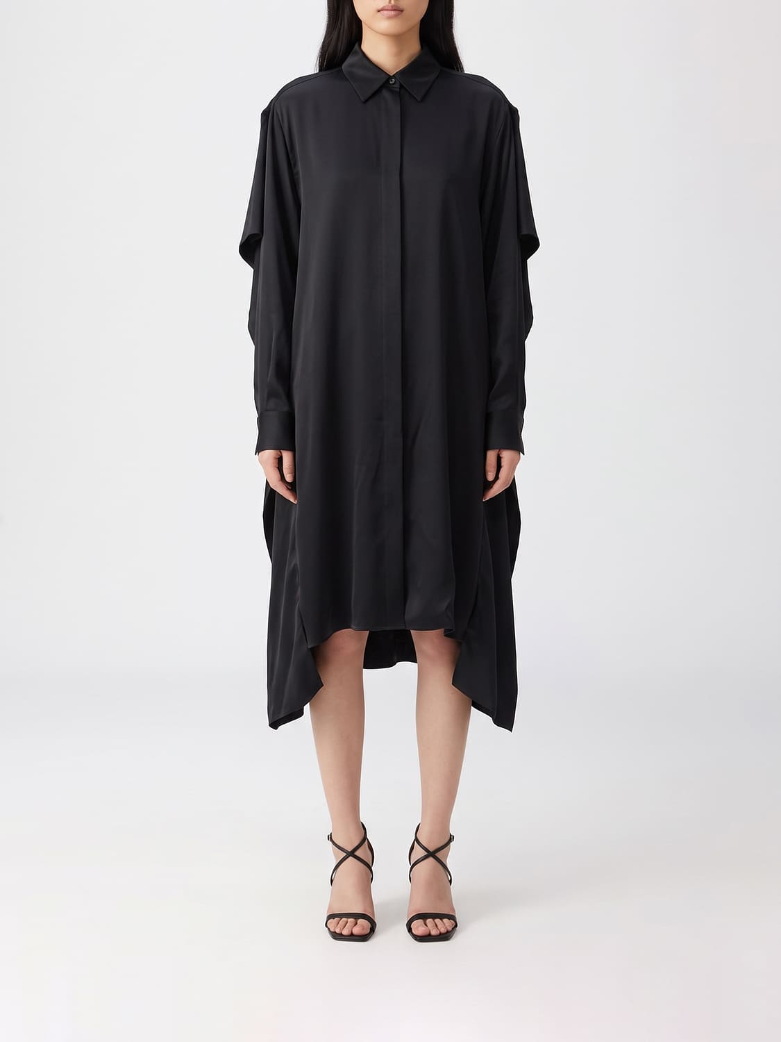 LOEWE VESTIDO: Minivestido camisero asimétrico Loewe de seda con hombros caídos y cuello clásico, Negro - Img 1