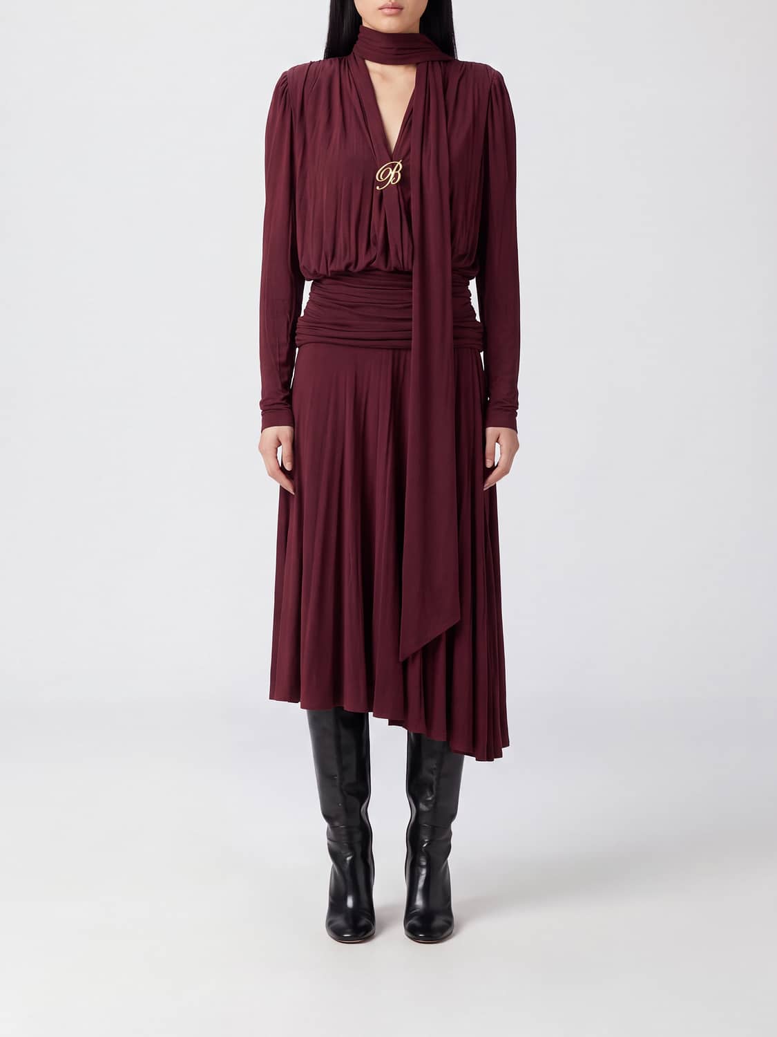 BLUMARINE ABITO: Abito midi asimmetrico Blumarine in viscosa stretch con collo a fusciacca, Rosso - Img 1