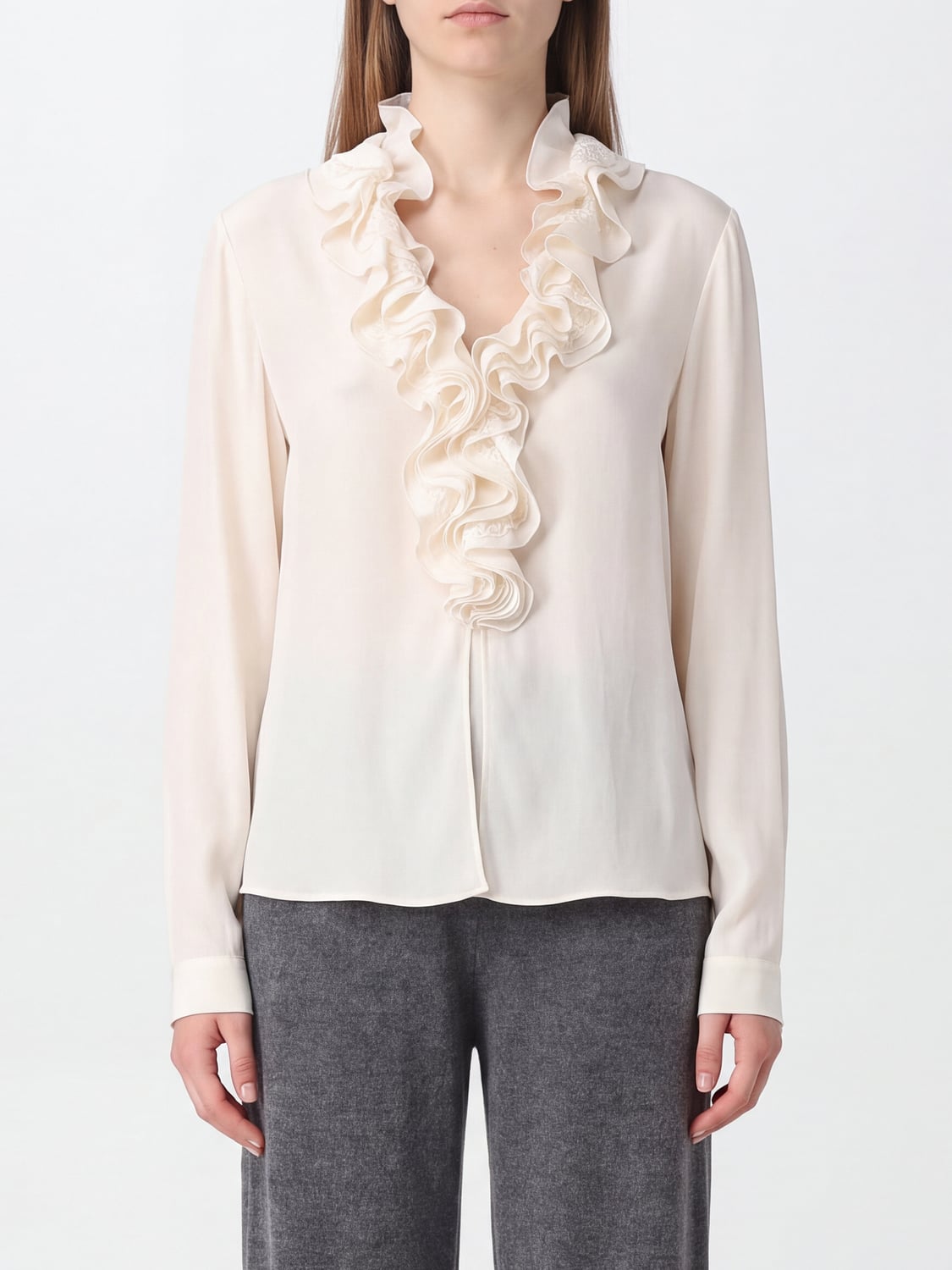 ALBERTA FERRETTI TOP: Blusa transparente Alberta Ferretti de viscosa con bordados y volantes, Marfil - Img 1
