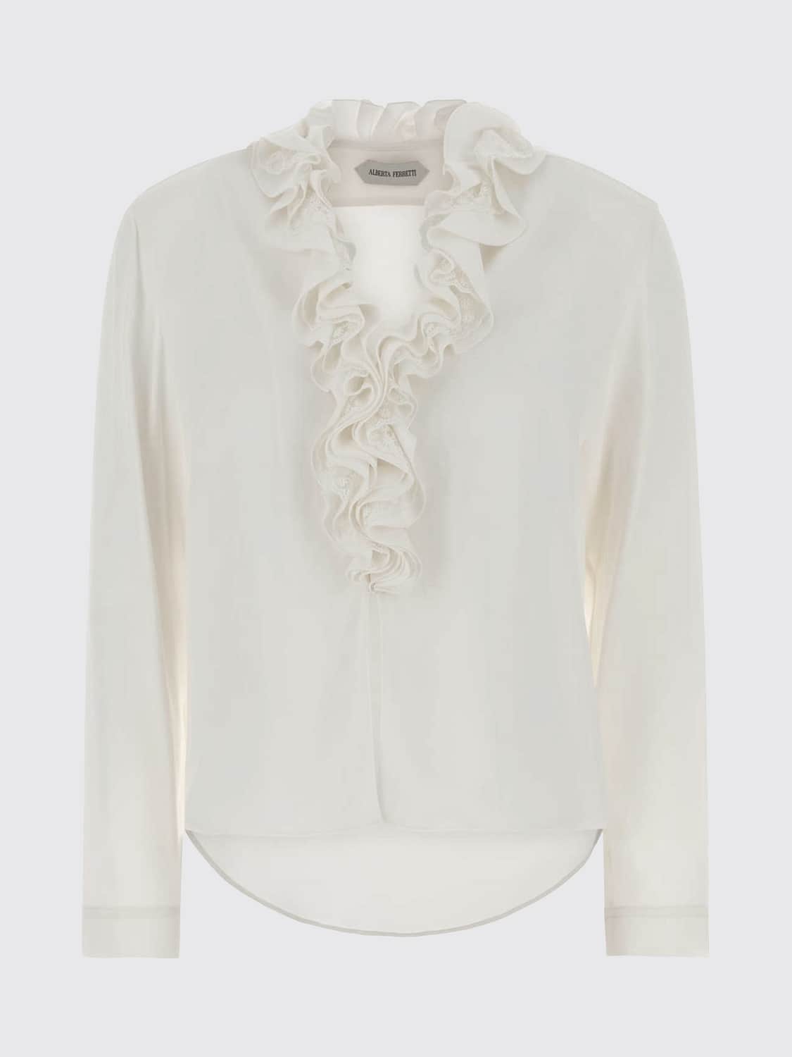 ALBERTA FERRETTI TOP: Blusa transparente Alberta Ferretti de viscosa con bordados y volantes, Marfil - Img 2