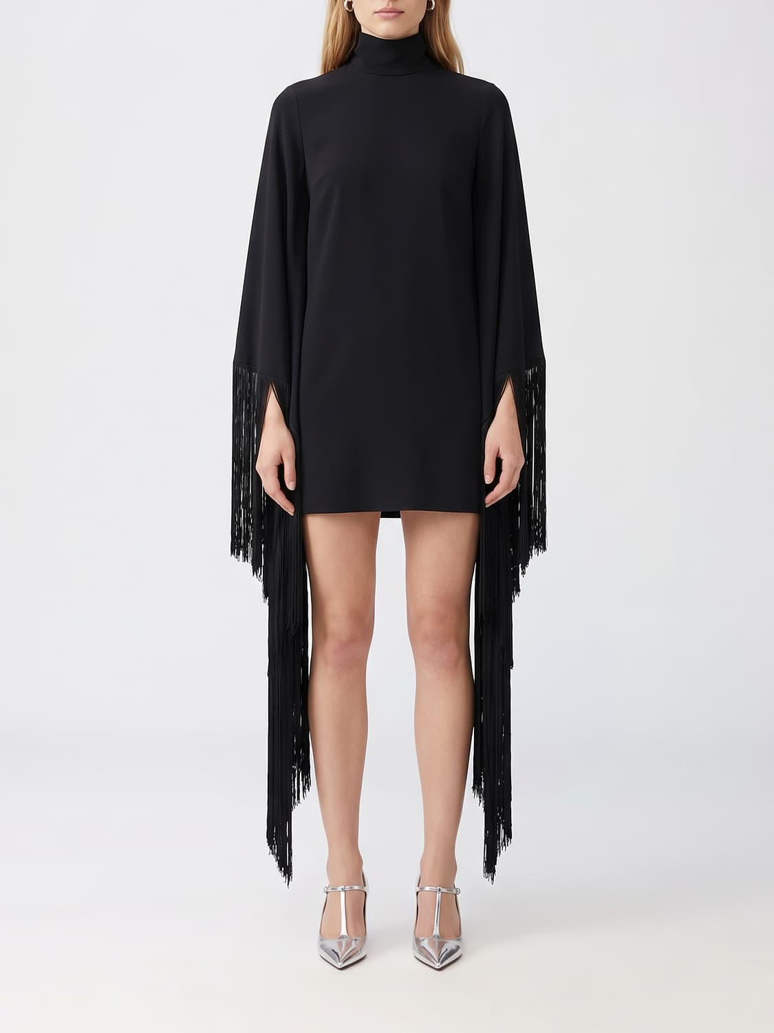 TALLER MARMO VESTIDO: Minivestido asimétrico Taller Marmo de cuello alto con detalles de flecos, Negro - Img 1