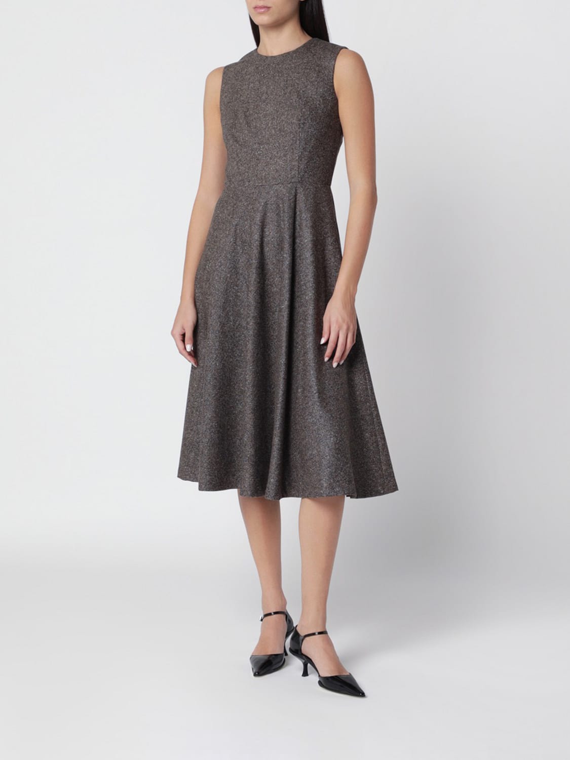TAGLIATORE ROBE: Robe midi évasée sans manches Tagliatore en mélange de laine et de soie, Marron - Img 1