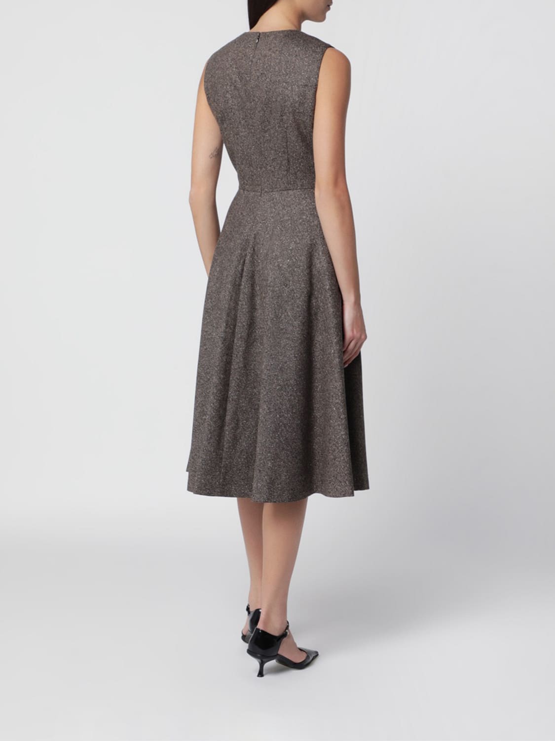 TAGLIATORE ROBE: Robe midi évasée sans manches Tagliatore en mélange de laine et de soie, Marron - Img 2