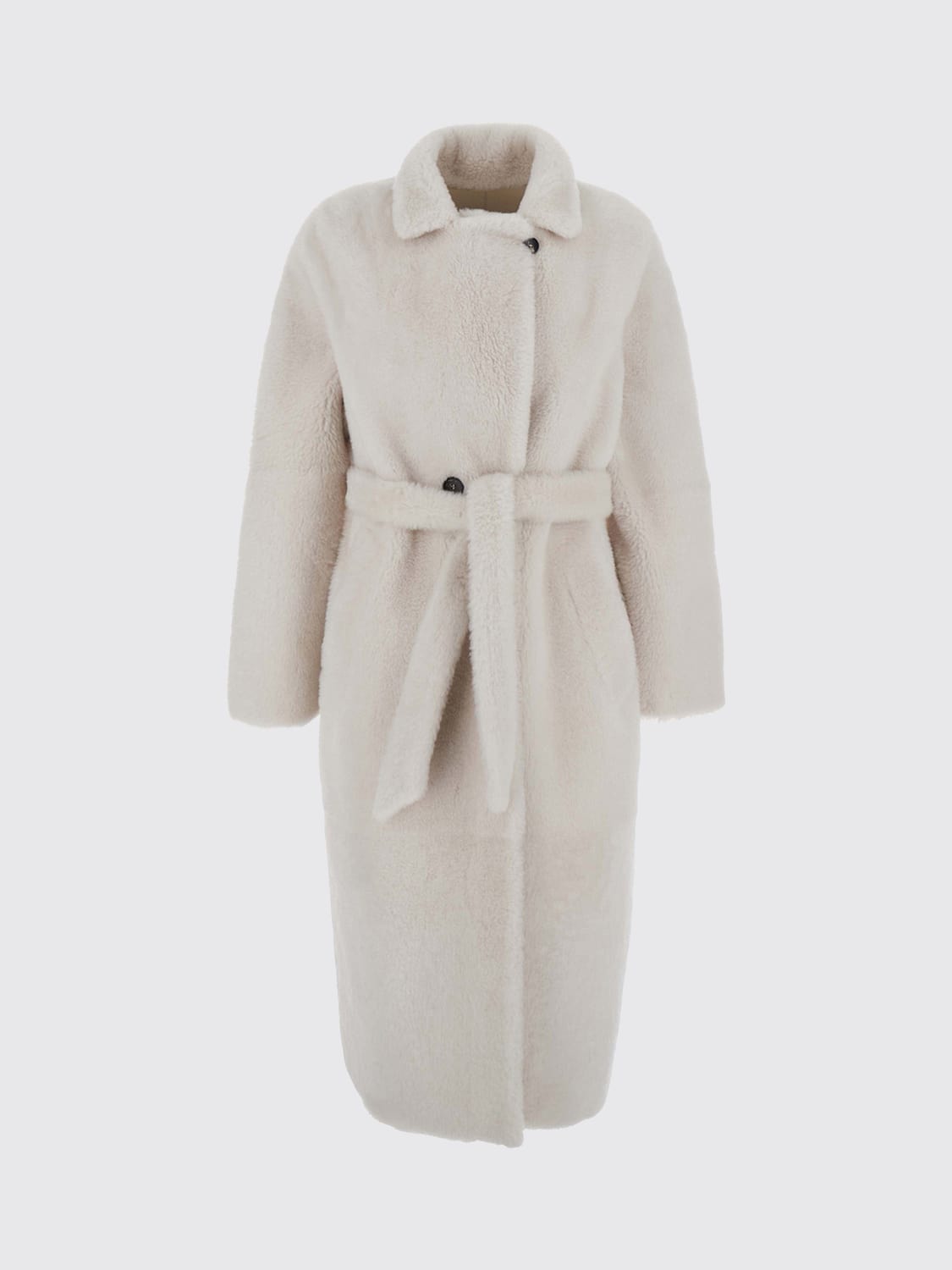 SUPREMA PELLICCIA: Cappotto lungo doppiopetto Suprema in pelliccia sintetica con cintura, Bianco - Img 2