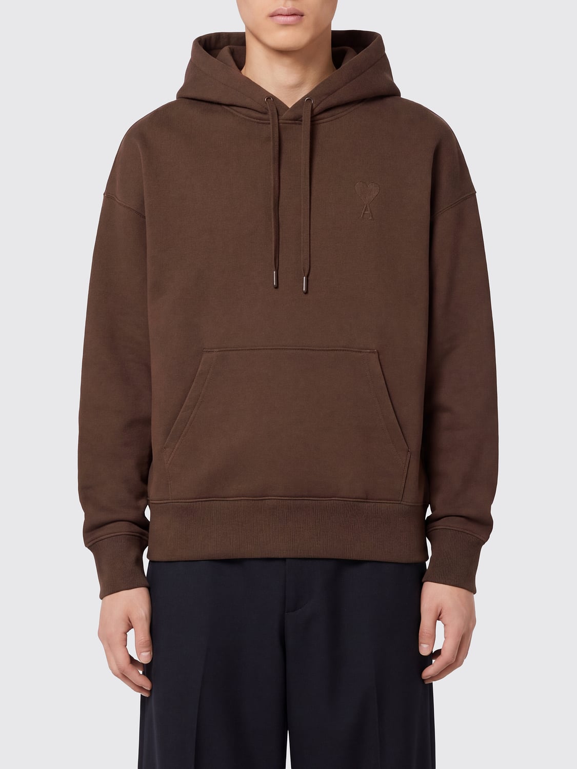 AMI PARIS SWEATSHIRT: Ami Paris Cotton Blend Hoodie with Kangaroo Pocket, Brown - Img 1
