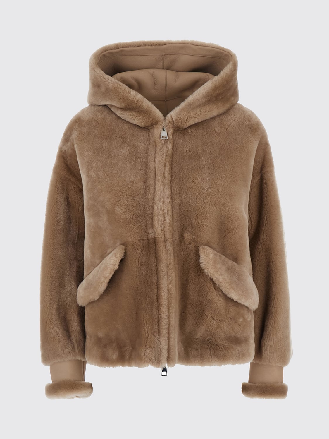 BLANCHA FUR COAT: Blancha Short Hooded Shearling Jacket with Zip Closure, Beige - Img 2