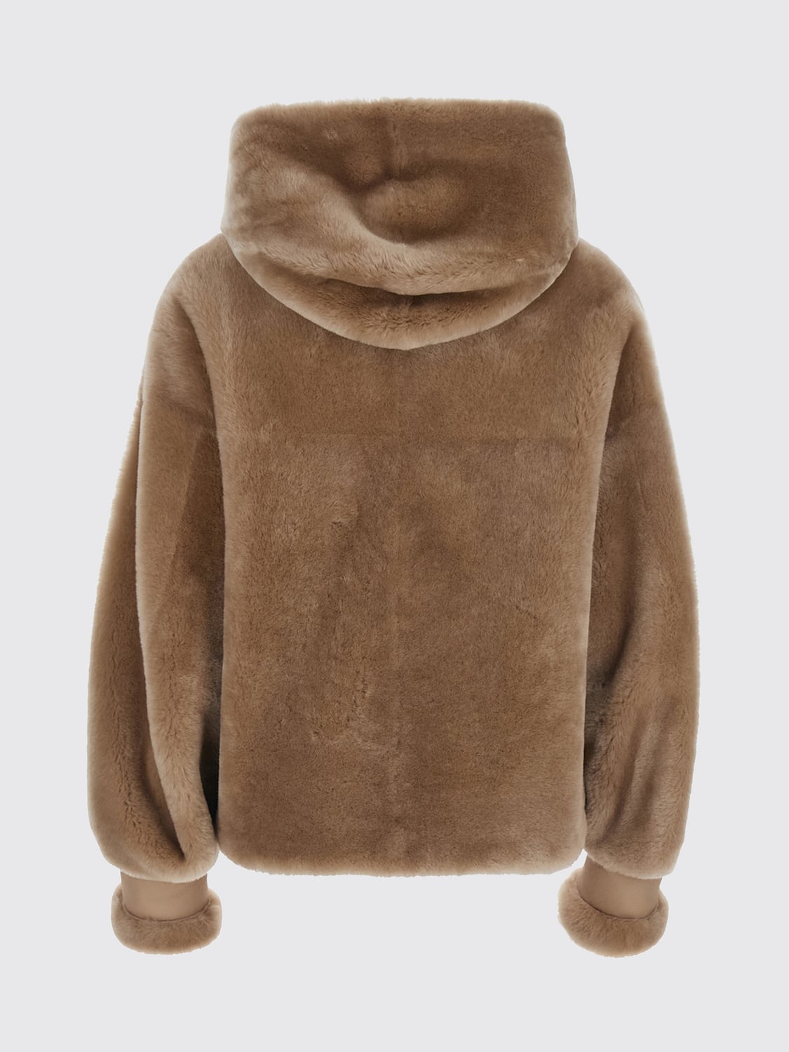 BLANCHA FUR COAT: Blancha Short Hooded Shearling Jacket with Zip Closure, Beige - Img 3
